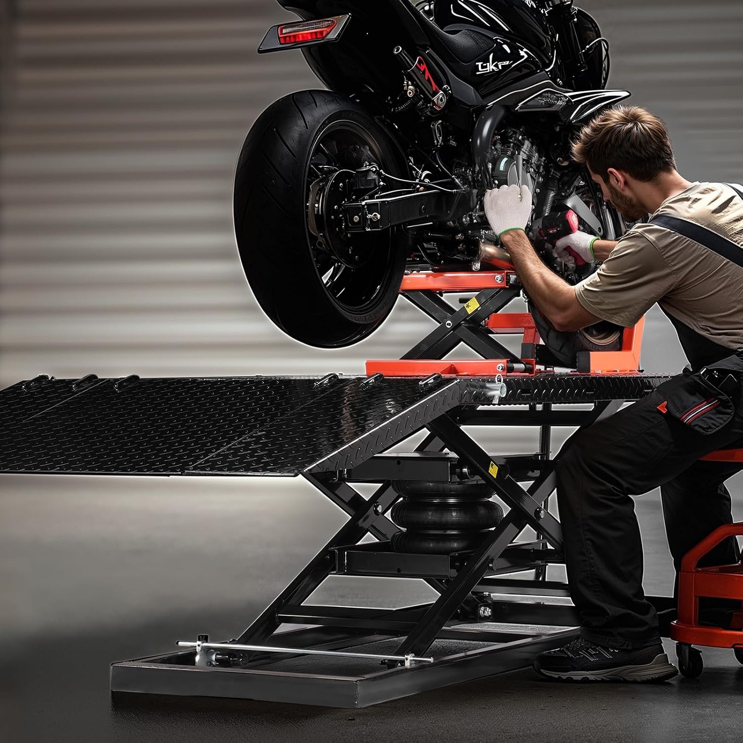 image:imageVEVOR Motorcycle Lift Table 1500lbs Weight Capacity Pneumatic Motorcycle Jack 8631 in Height Range Heavy Duty Bike Repair Stand with Removable Workbench Repair Platform for ATVs Dirt Bike