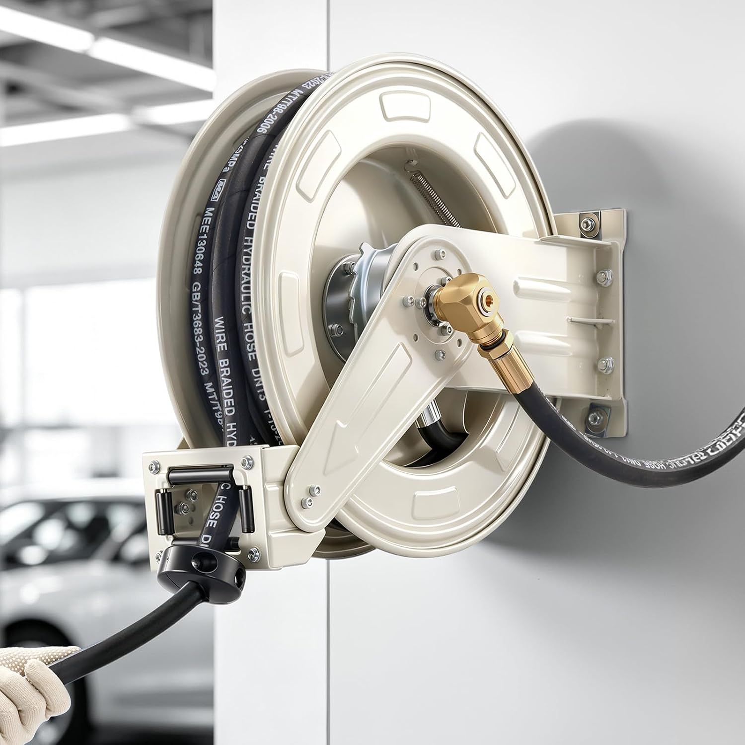 image:imageVEVOR Oil Hose Reel 12 inch x 50 ft Retractable Spring Driven Auto Swivel Rewind Max 3625 PSI HeavyDuty Carbon Steel Construction with Steel Wire Braided Hose for EngineGearHydraulic Oil12 x 50