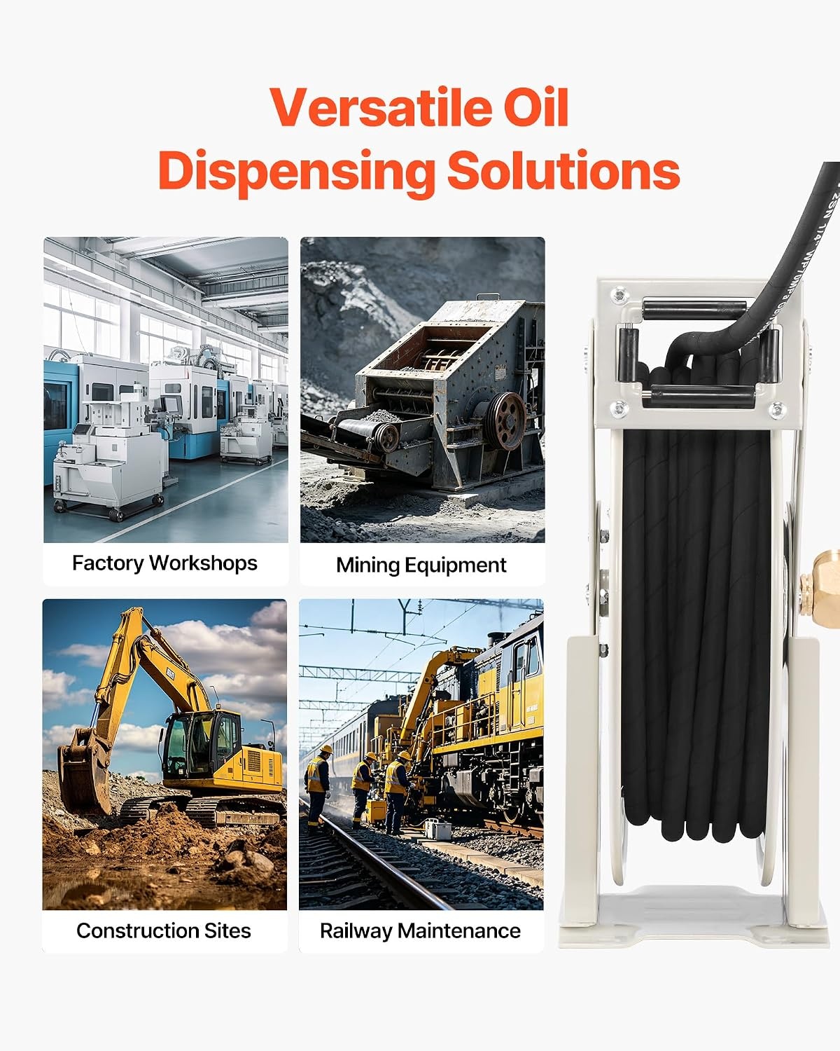 image:imageVEVOR Oil Hose Reel 12 inch x 50 ft Retractable Spring Driven Auto Swivel Rewind Max 3625 PSI HeavyDuty Carbon Steel Construction with Steel Wire Braided Hose for EngineGearHydraulic Oil14 x 50