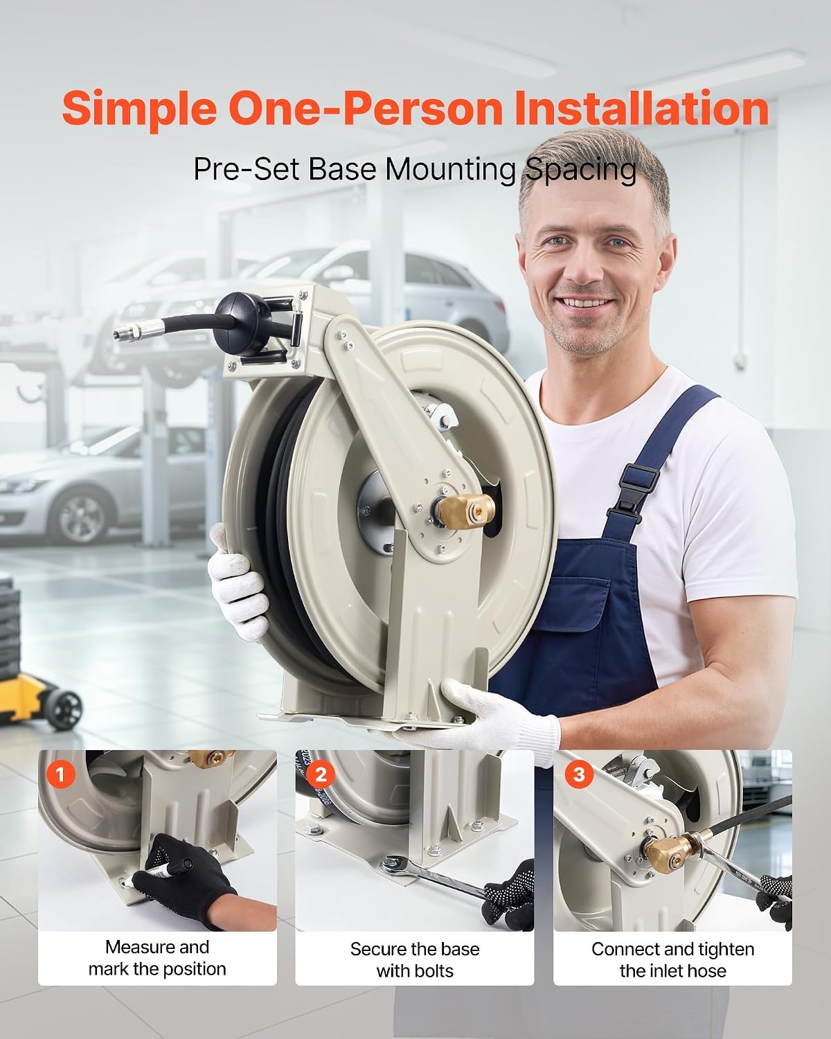 image:imageVEVOR Oil Hose Reel 12 inch x 50 ft Retractable Spring Driven Auto Swivel Rewind Max 3625 PSI HeavyDuty Carbon Steel Construction with Steel Wire Braided Hose for EngineGearHydraulic Oil14 x 50