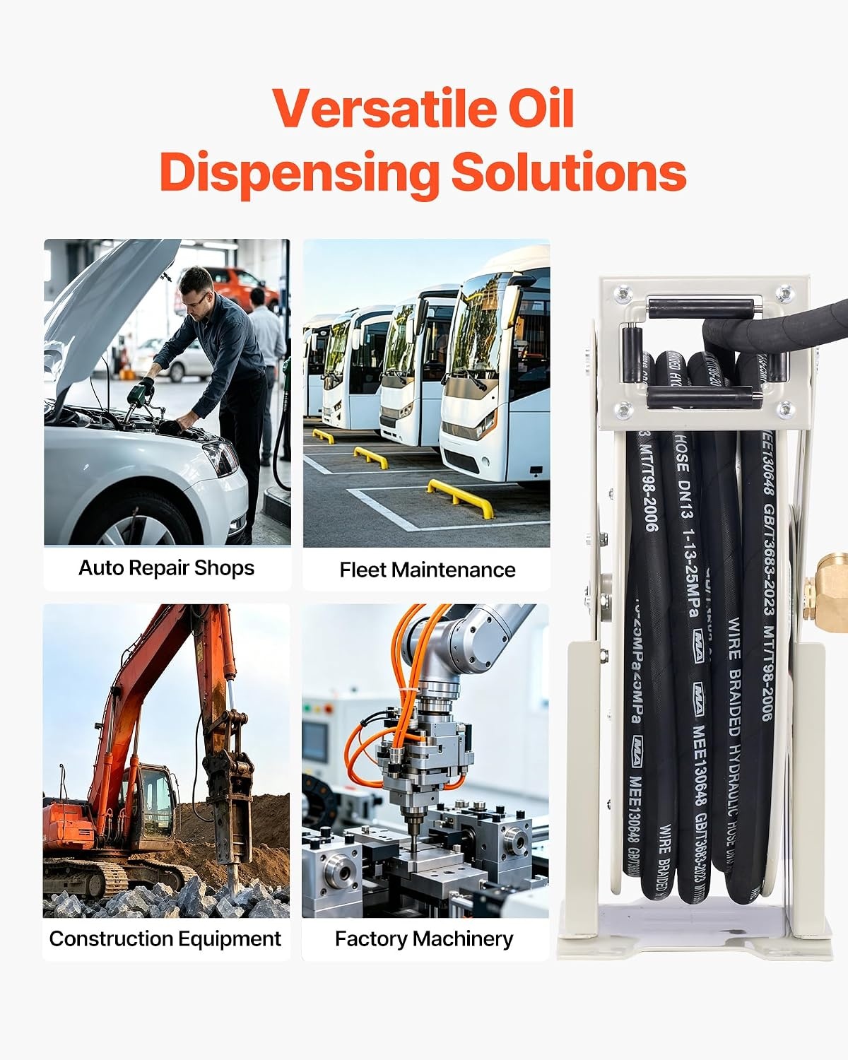image:imageVEVOR Oil Hose Reel 12 inch x 50 ft Retractable Spring Driven Auto Swivel Rewind Max 3625 PSI HeavyDuty Carbon Steel Construction with Steel Wire Braided Hose for EngineGearHydraulic Oil12 x 33