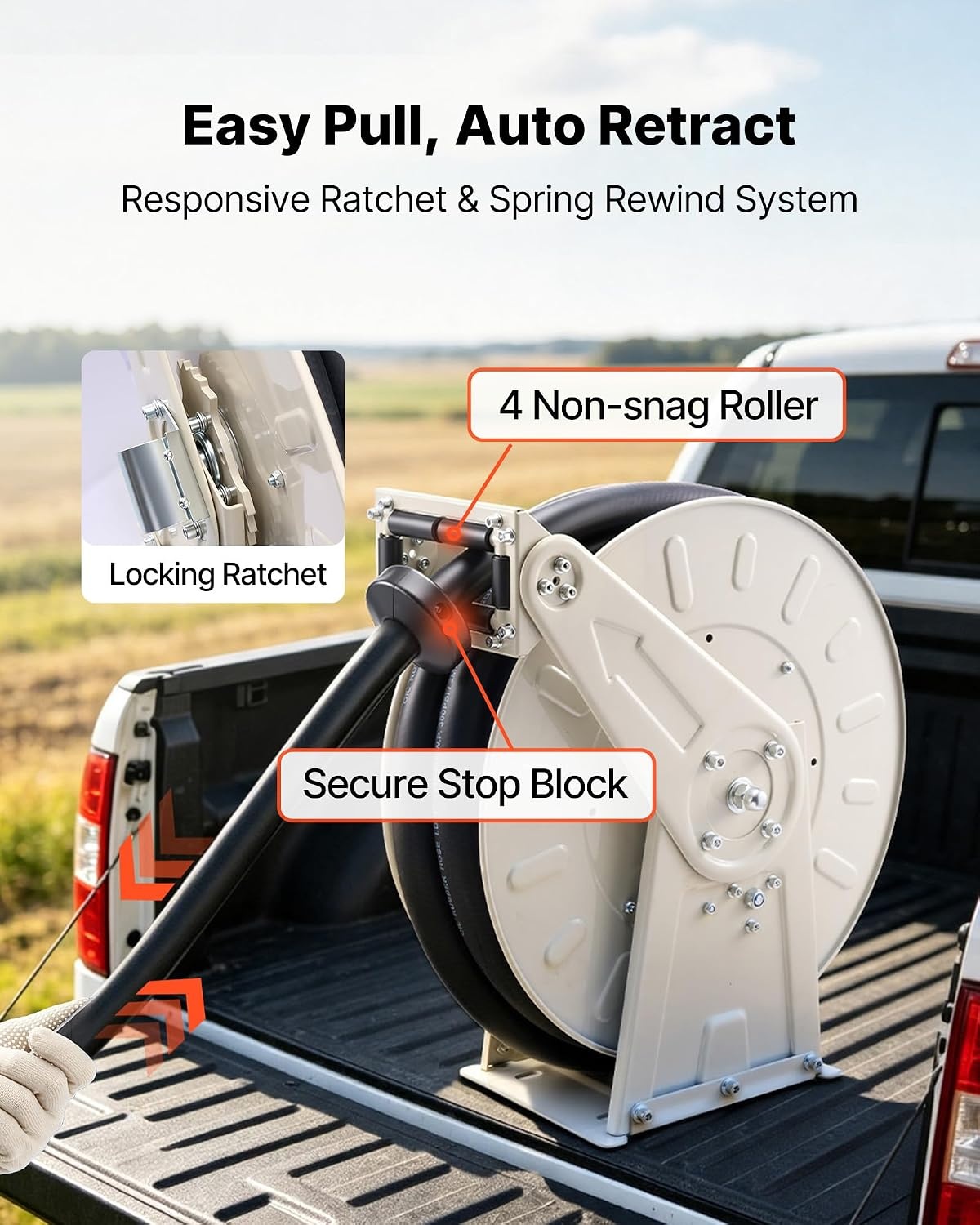 image:imageVEVOR Oil Hose Reel 12 inch x 50 ft Retractable Spring Driven Auto Swivel Rewind Max 3625 PSI HeavyDuty Carbon Steel Construction with Steel Wire Braided Hose for EngineGearHydraulic Oil1 x 33
