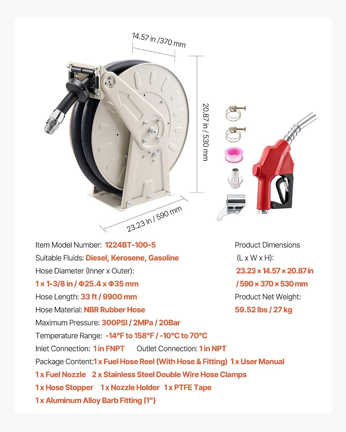image:imageVEVOR Oil Hose Reel 12 inch x 50 ft Retractable Spring Driven Auto Swivel Rewind Max 3625 PSI HeavyDuty Carbon Steel Construction with Steel Wire Braided Hose for EngineGearHydraulic Oil1 x 33