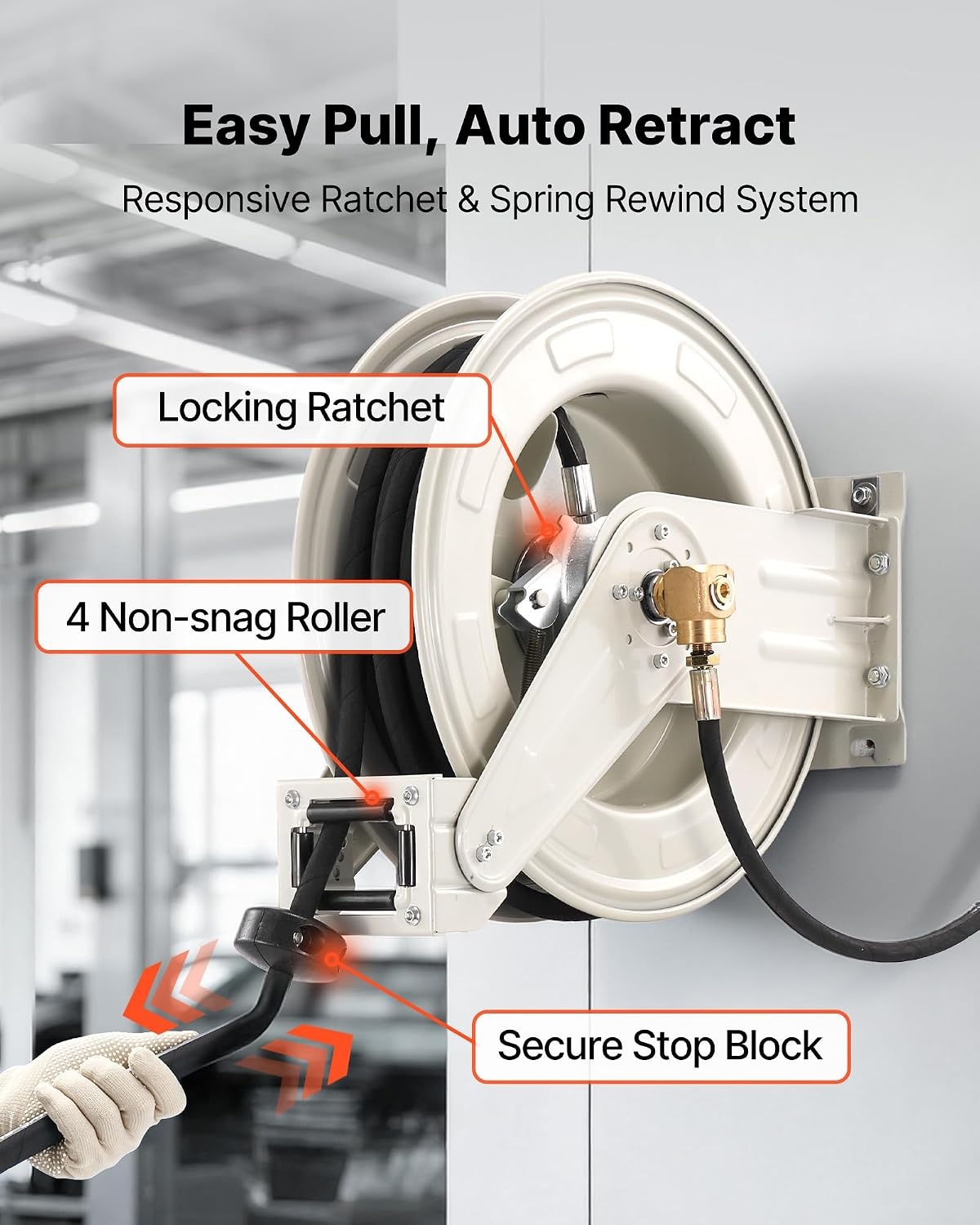 image:imageVEVOR Oil Hose Reel 12 inch x 50 ft Retractable Spring Driven Auto Swivel Rewind Max 3625 PSI HeavyDuty Carbon Steel Construction with Steel Wire Braided Hose for EngineGearHydraulic Oil14 x 50