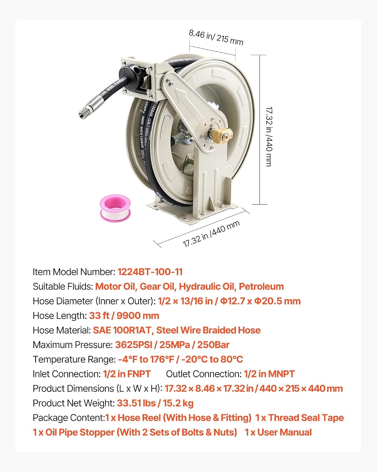 image:imageVEVOR Oil Hose Reel 12 inch x 50 ft Retractable Spring Driven Auto Swivel Rewind Max 3625 PSI HeavyDuty Carbon Steel Construction with Steel Wire Braided Hose for EngineGearHydraulic Oil12 x 33