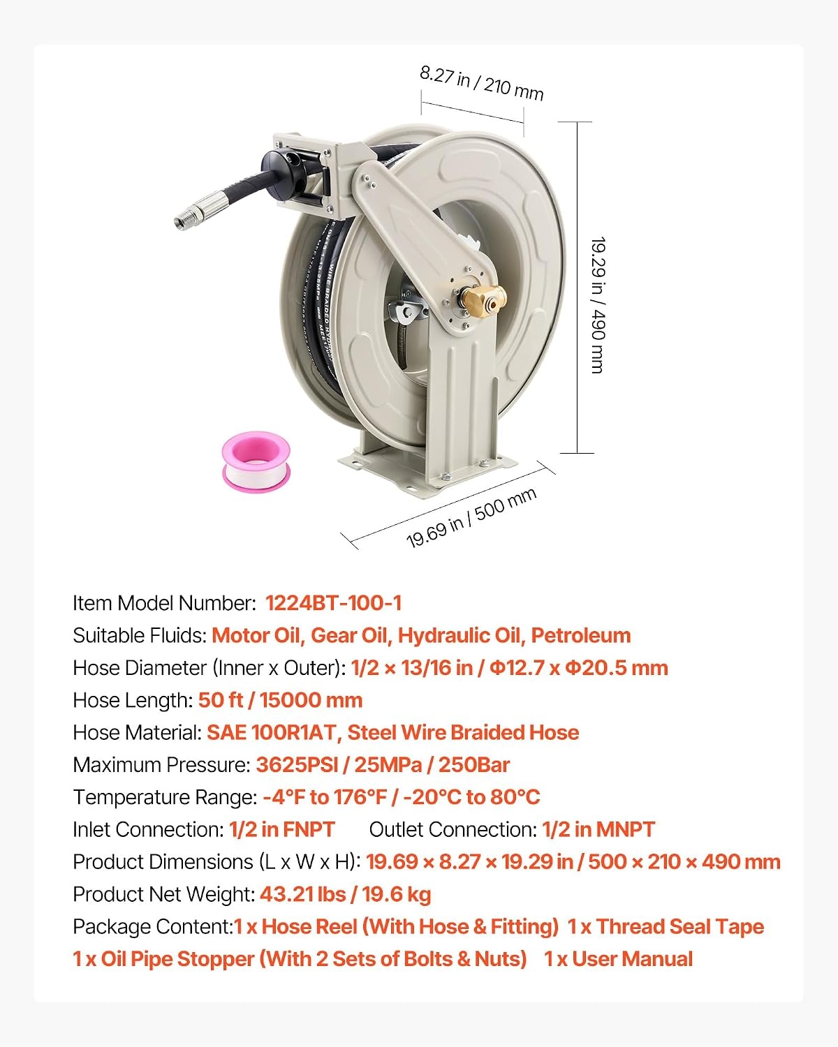 image:imageVEVOR Oil Hose Reel 12 inch x 50 ft Retractable Spring Driven Auto Swivel Rewind Max 3625 PSI HeavyDuty Carbon Steel Construction with Steel Wire Braided Hose for EngineGearHydraulic Oil12 x 50