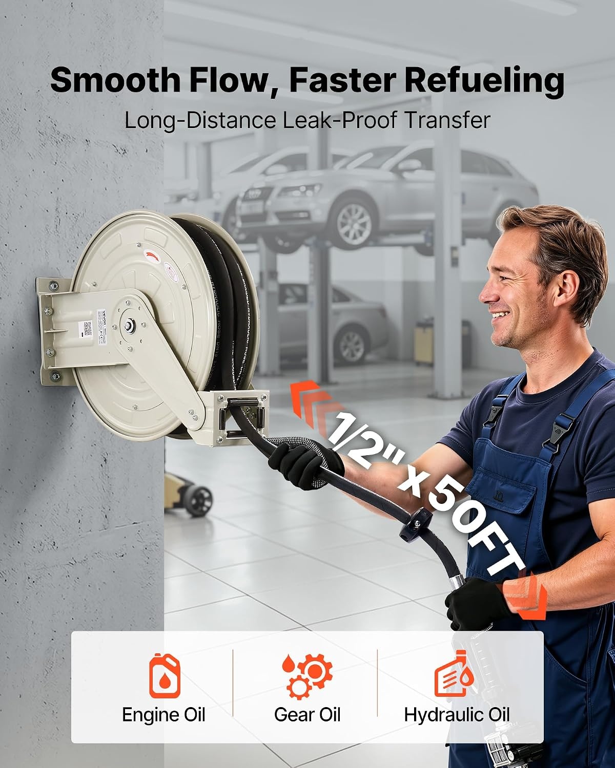 image:imageVEVOR Oil Hose Reel 12 inch x 50 ft Retractable Spring Driven Auto Swivel Rewind Max 3625 PSI HeavyDuty Carbon Steel Construction with Steel Wire Braided Hose for EngineGearHydraulic Oil12 x 50