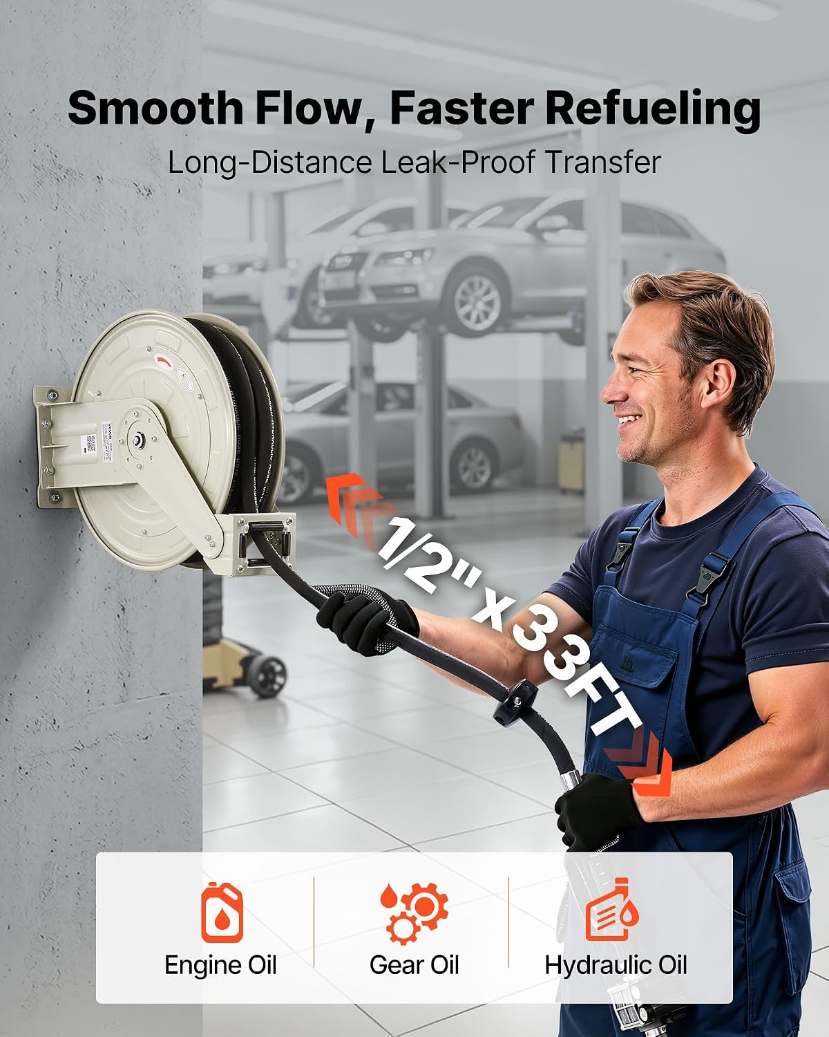 image:imageVEVOR Oil Hose Reel 12 inch x 50 ft Retractable Spring Driven Auto Swivel Rewind Max 3625 PSI HeavyDuty Carbon Steel Construction with Steel Wire Braided Hose for EngineGearHydraulic Oil12 x 33