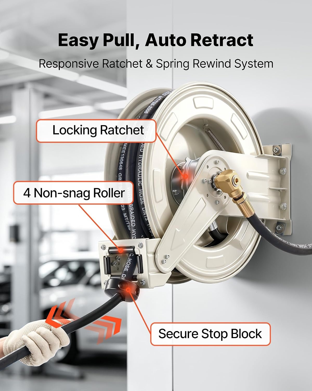 image:imageVEVOR Oil Hose Reel 12 inch x 50 ft Retractable Spring Driven Auto Swivel Rewind Max 3625 PSI HeavyDuty Carbon Steel Construction with Steel Wire Braided Hose for EngineGearHydraulic Oil12 x 50