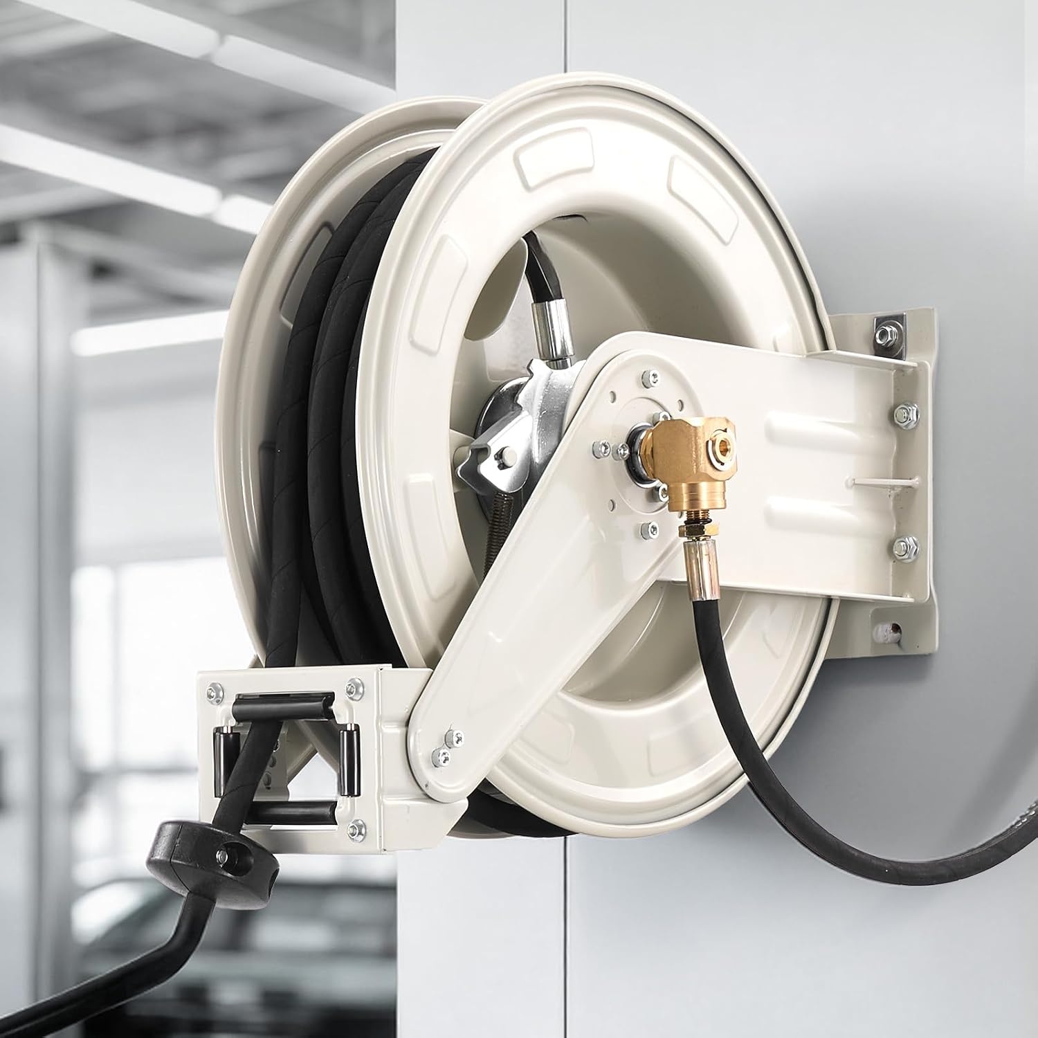 image:imageVEVOR Oil Hose Reel 12 inch x 50 ft Retractable Spring Driven Auto Swivel Rewind Max 3625 PSI HeavyDuty Carbon Steel Construction with Steel Wire Braided Hose for EngineGearHydraulic Oil14 x 50