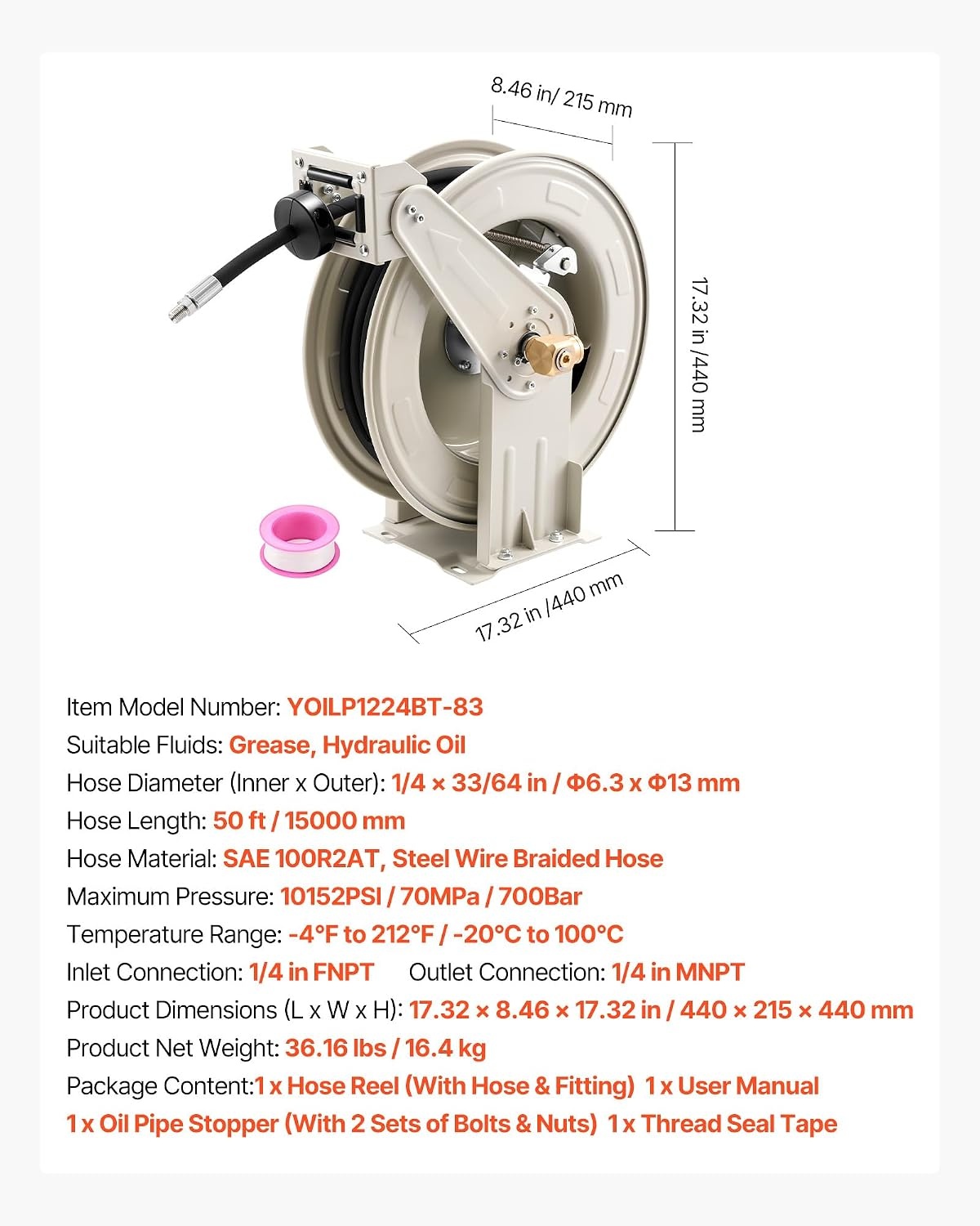 image:imageVEVOR Oil Hose Reel 12 inch x 50 ft Retractable Spring Driven Auto Swivel Rewind Max 3625 PSI HeavyDuty Carbon Steel Construction with Steel Wire Braided Hose for EngineGearHydraulic Oil14 x 50