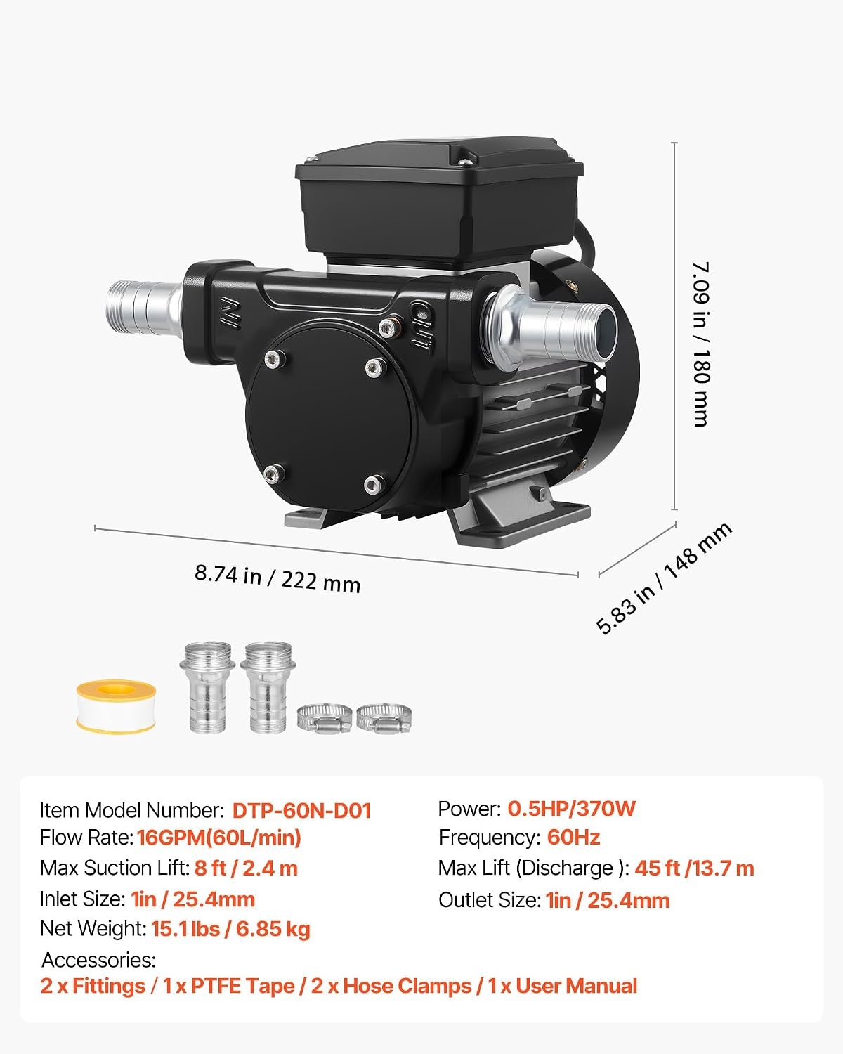 image:imageVEVOR Oil Transfer Pump 110V 16 GPM 60 Lmin AC Electric Fuel Transfer Pump for Diesel Kerosene Biodiesel 8 ft24 m Max Suction Lift 45 ft137 m Max Lift for Vehicles Construction Sites Farms