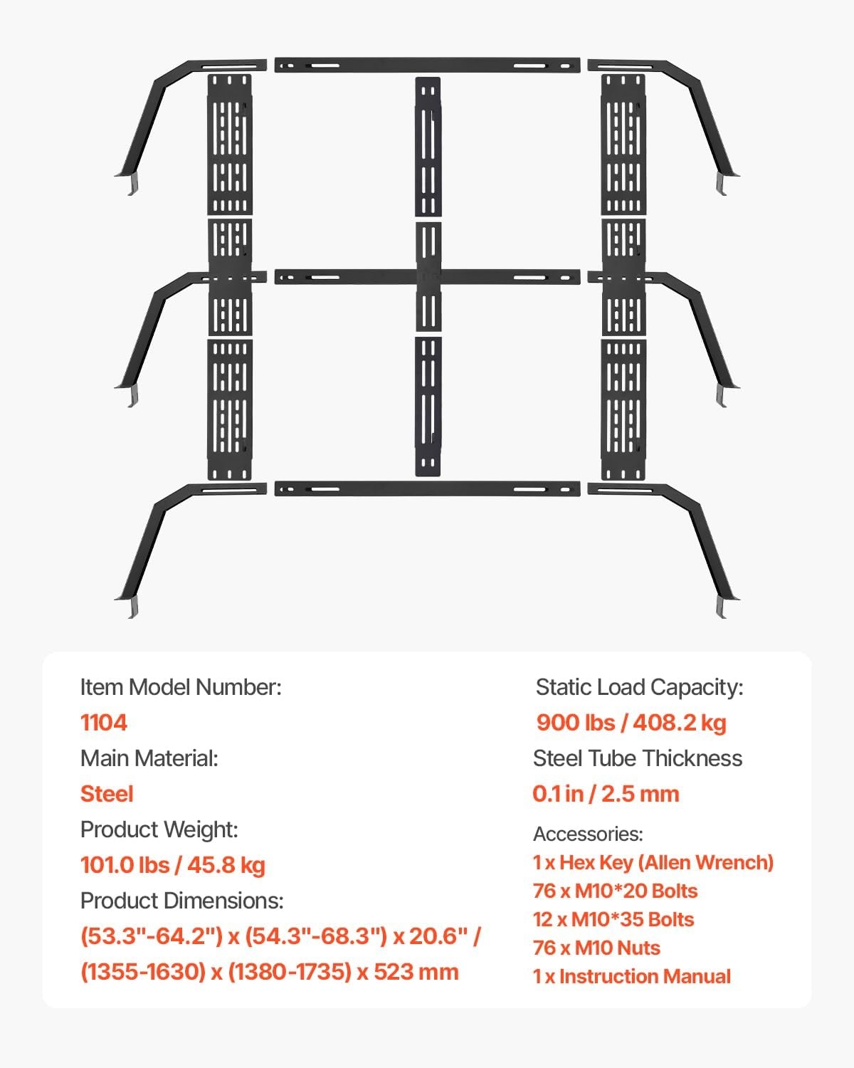 image:imageVEVOR Overland Truck Bed Rack 492679 in Width Adjustable Overland Bed Cargo Rack with Sidebar 900 lbs Static Capacity Heavy Duty Steel for MidSize Trucks Compatible with TacomaGladiator JTfor Bed Rail