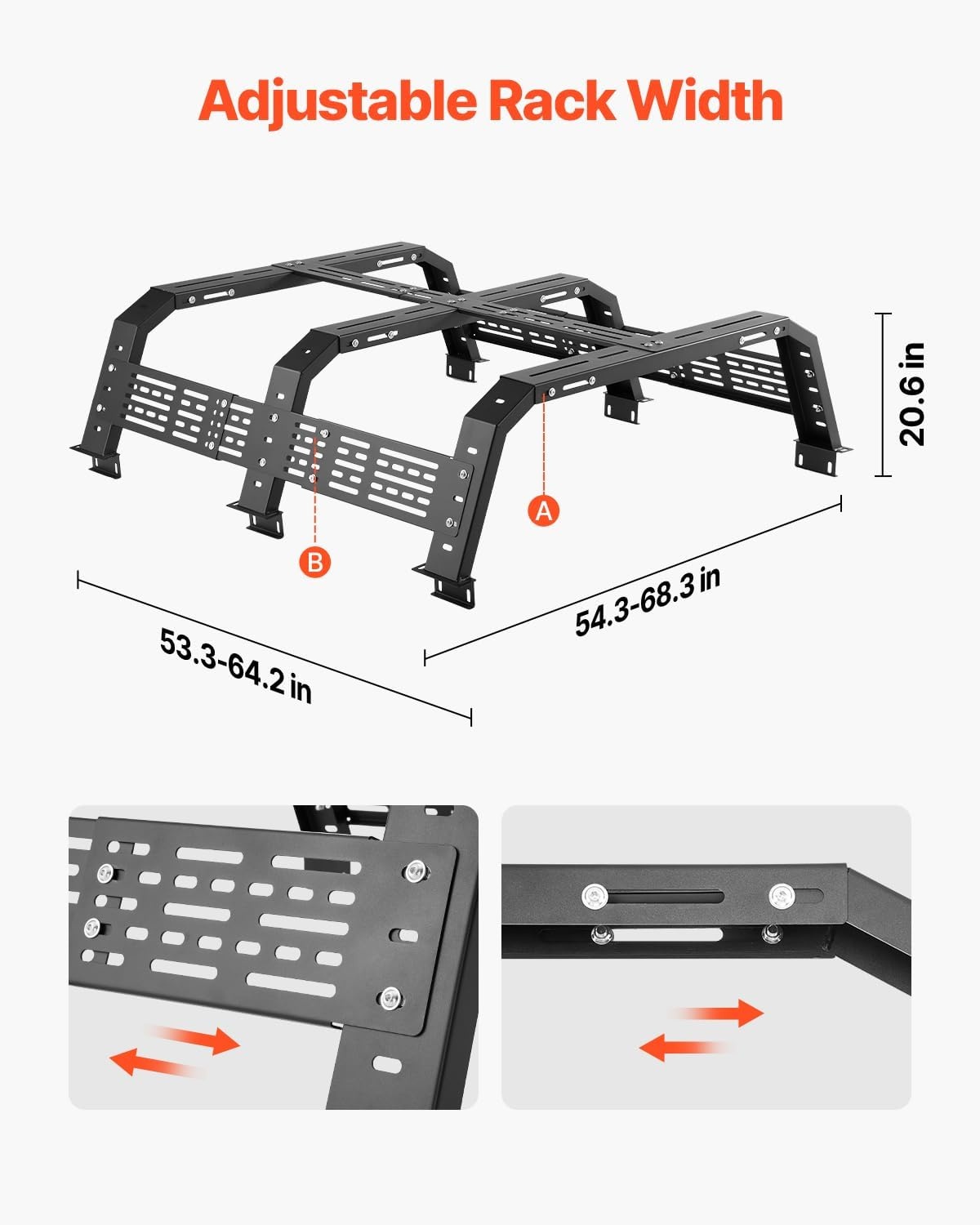 image:imageVEVOR Overland Truck Bed Rack 492679 in Width Adjustable Overland Bed Cargo Rack with Sidebar 900 lbs Static Capacity Heavy Duty Steel for MidSize Trucks Compatible with TacomaGladiator JTfor Bed Rail