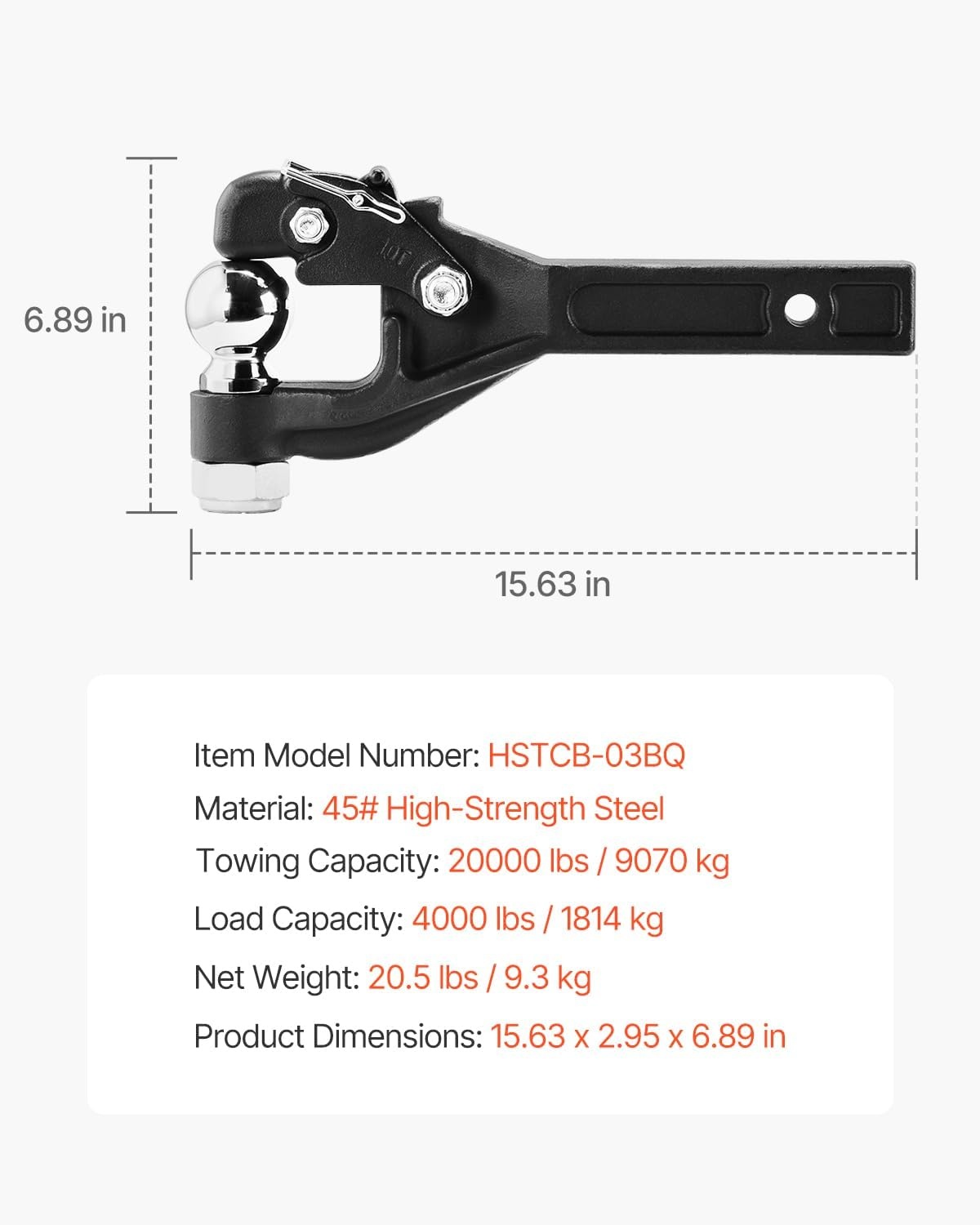 image:imageVEVOR Pintle Hook 20000 lbs Pintle Hook Hitch for 225inch Hitch Hook Military Receiver Combination 2516inch Hitch Ball Fits 25 to 3inch Lunette Ring 156inch Length Black Powder Coat2516 in Ball 20000 lbs
