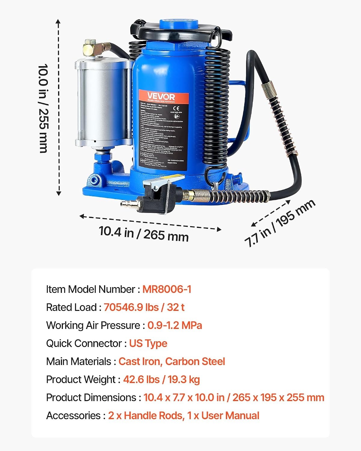 image:imageVEVOR Pneumatic Bottle Jack 50T Hydraulic Car Jack Lift Range 2743cm Air Transmission Jack 110231lbs for Heavy Duty Vehicles32T Air Hydraulic