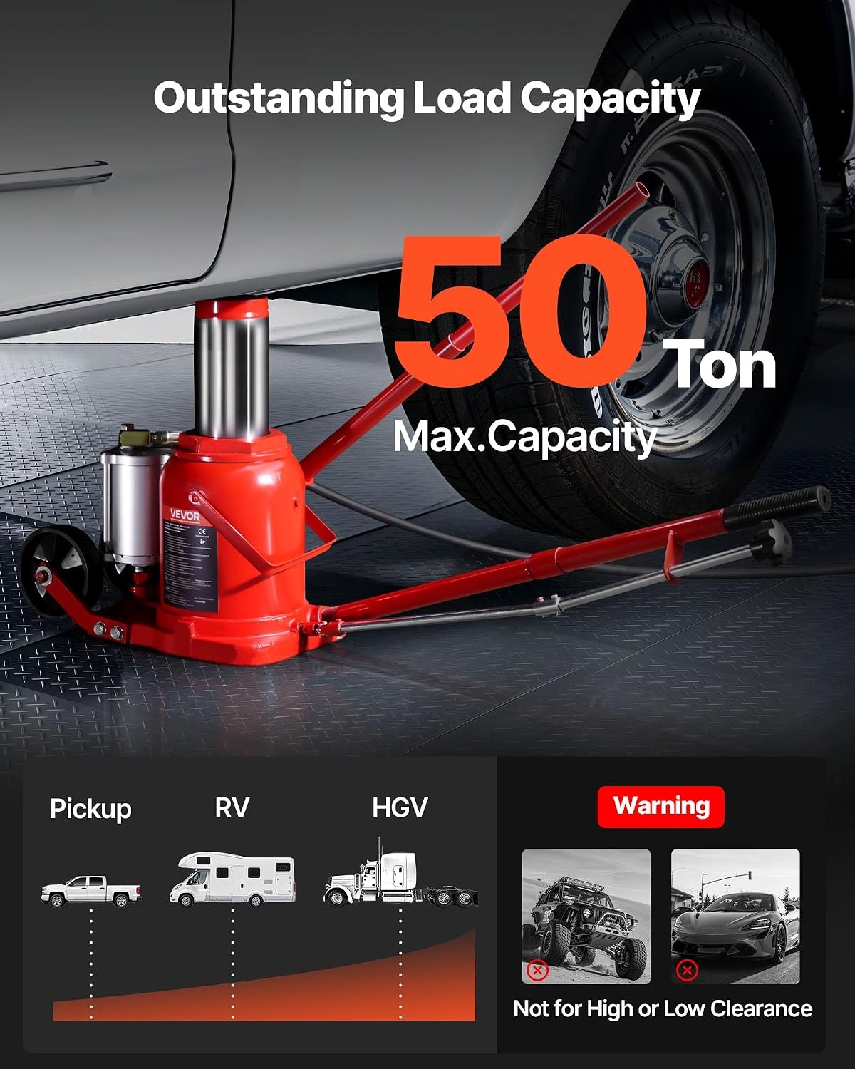 image:imageVEVOR Pneumatic Bottle Jack 50T Hydraulic Car Jack Lift Range 2743cm Air Transmission Jack 110231lbs for Heavy Duty Vehicles50T Air Hydraulic
