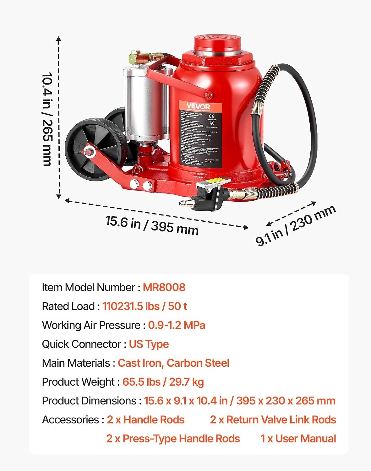 image:imageVEVOR Pneumatic Bottle Jack 50T Hydraulic Car Jack Lift Range 2743cm Air Transmission Jack 110231lbs for Heavy Duty Vehicles50T Air Hydraulic