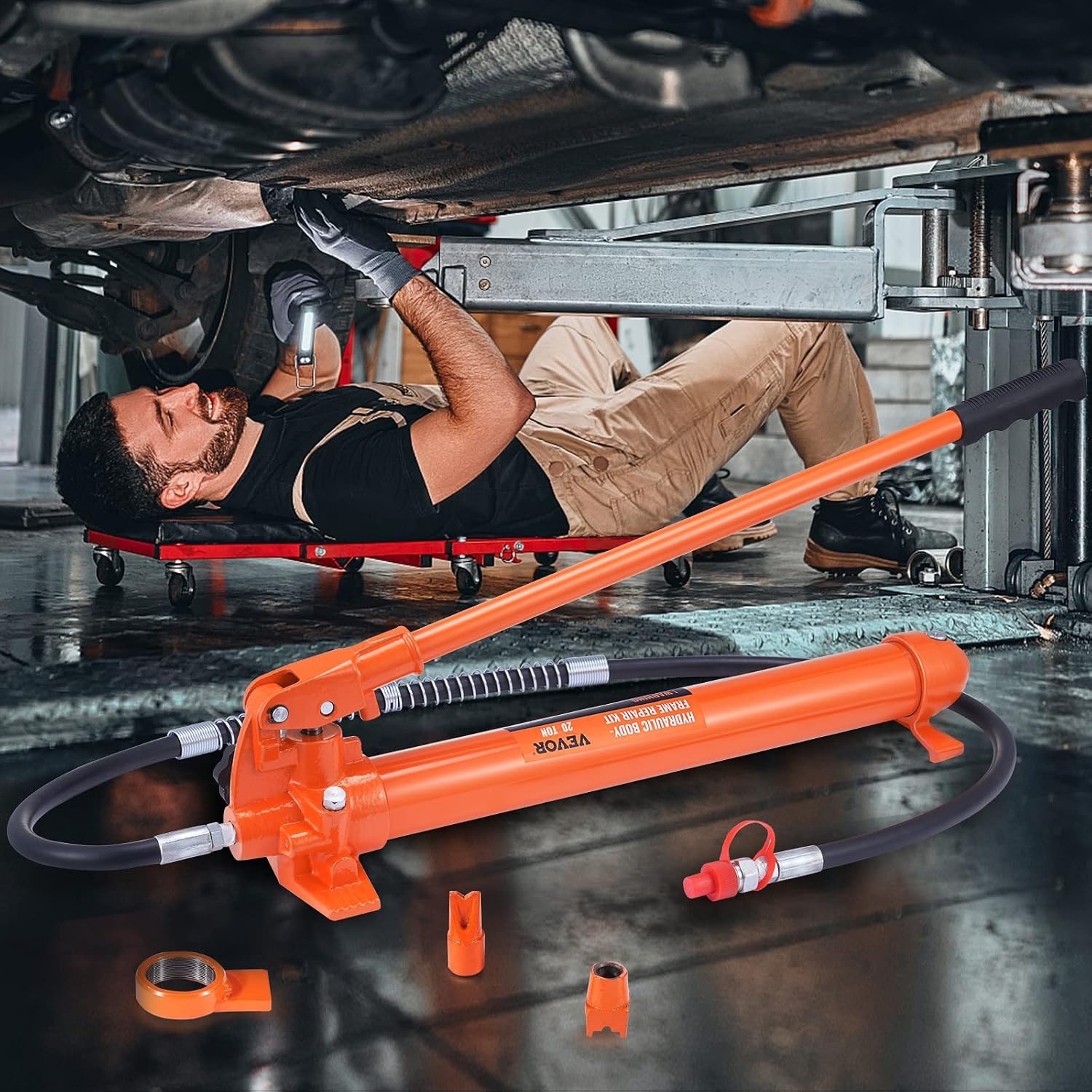image:imageVEVOR Porta Power Kit 12 Ton Load Portable Hydraulic Jack with 46 ft Extended Oil Hose Long Handle Design Auto Body Frame Repair Kit with Portable Storage Case for Car Repair Truck Farm20 Ton