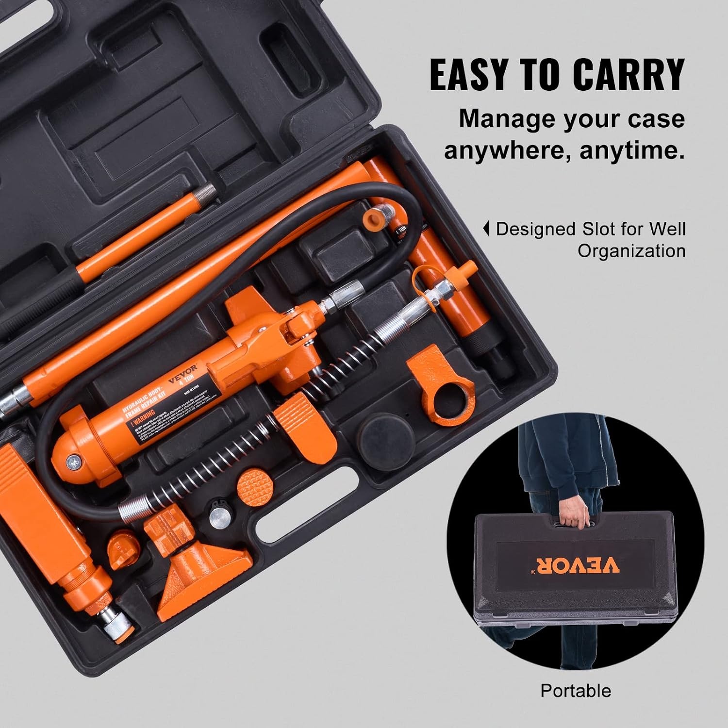 image:imageVEVOR Porta Power Kit 12 Ton Load Portable Hydraulic Jack with 46 ft Extended Oil Hose Long Handle Design Auto Body Frame Repair Kit with Portable Storage Case for Car Repair Truck Farm4 Ton