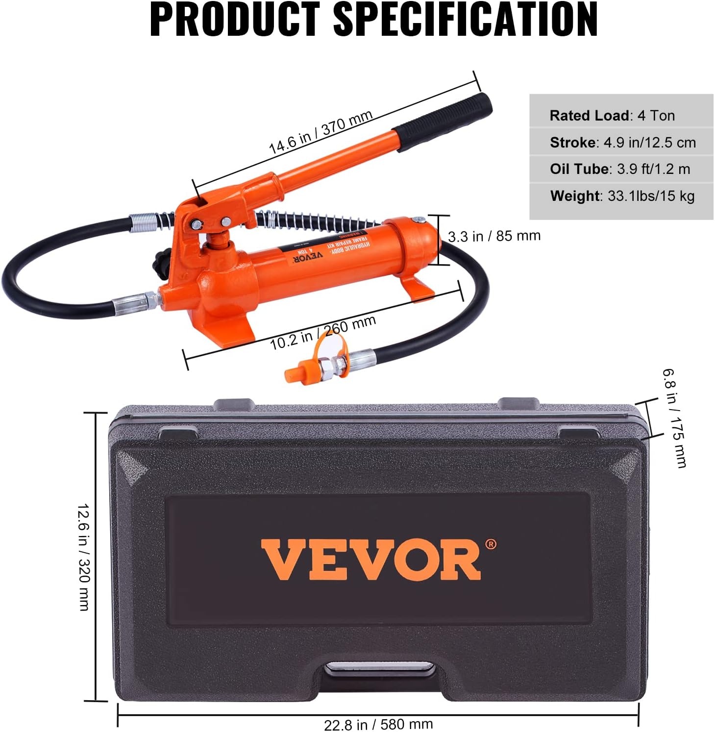 image:imageVEVOR Porta Power Kit 12 Ton Load Portable Hydraulic Jack with 46 ft Extended Oil Hose Long Handle Design Auto Body Frame Repair Kit with Portable Storage Case for Car Repair Truck Farm4 Ton