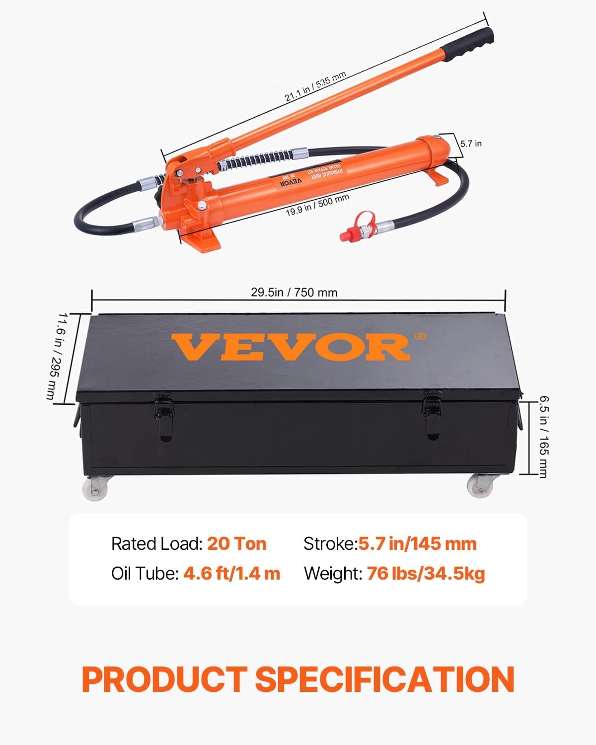 image:imageVEVOR Porta Power Kit 12 Ton Load Portable Hydraulic Jack with 46 ft Extended Oil Hose Long Handle Design Auto Body Frame Repair Kit with Portable Storage Case for Car Repair Truck Farm20 Ton