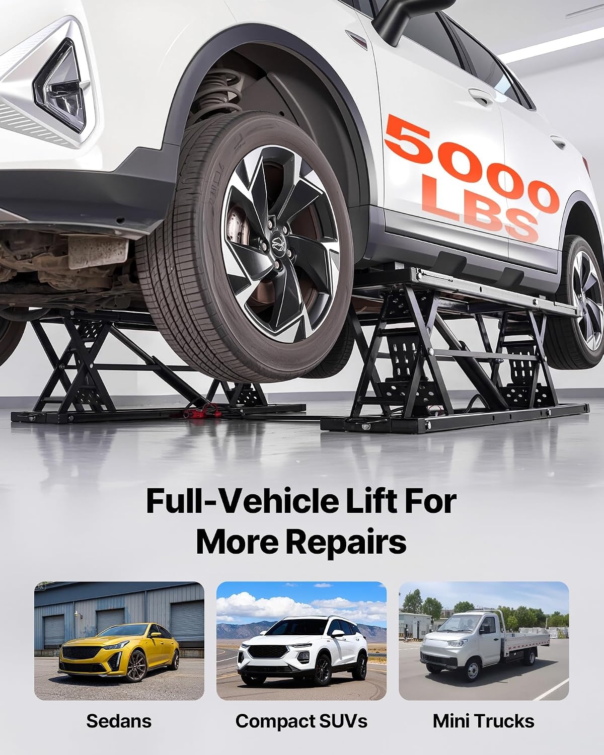 image:imageVEVOR Portable Car Lift 4400 lbs Capacity Heavy Duty Steel Quick Lift with 23 Max Height Adjustable Width and Wheels Manual Lifting for Cars Compact SUVs Mini Trucks Home Garage or Shop Use5000LBSUpgrade Electric Pneumatic Pump
