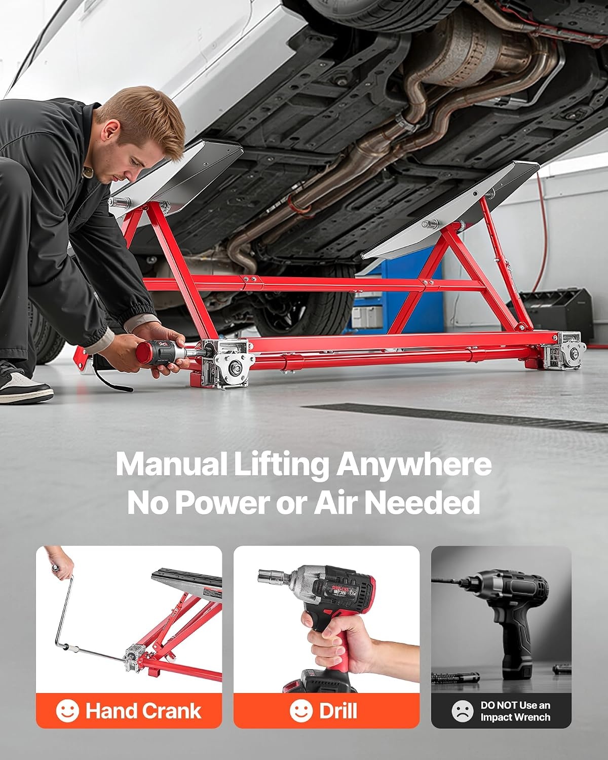 image:imageVEVOR Portable Car Lift 4400 lbs Capacity Heavy Duty Steel Quick Lift with 23 Max Height Adjustable Width and Wheels Manual Lifting for Cars Compact SUVs Mini Trucks Home Garage or Shop Use4400LBSUpgrade Manual Lifting