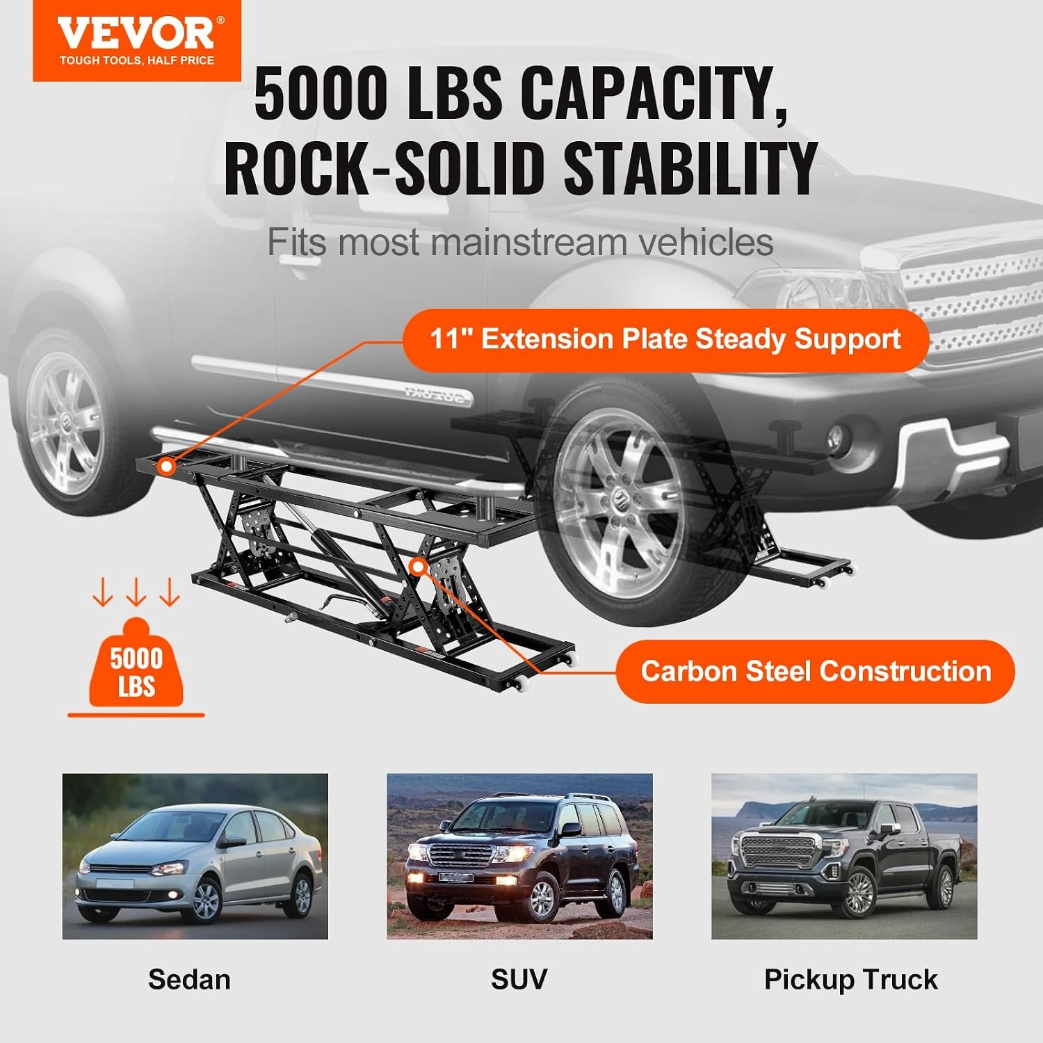 image:imageVEVOR Portable Car Lift 4400 lbs Capacity Heavy Duty Steel Quick Lift with 23 Max Height Adjustable Width and Wheels Manual Lifting for Cars Compact SUVs Mini Trucks Home Garage or Shop Use5000LBSUpgrade Electrohydraulic