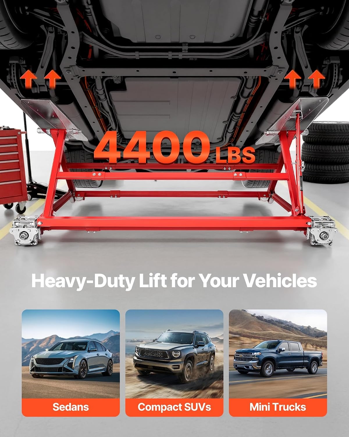 image:imageVEVOR Portable Car Lift 4400 lbs Capacity Heavy Duty Steel Quick Lift with 23 Max Height Adjustable Width and Wheels Manual Lifting for Cars Compact SUVs Mini Trucks Home Garage or Shop Use4400LBSUpgrade Manual Lifting