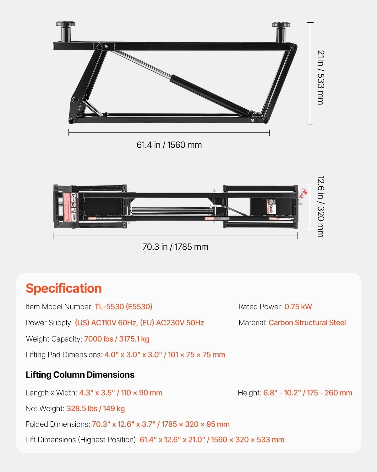 image:imageVEVOR Portable Car Lift 4400 lbs Capacity Heavy Duty Steel Quick Lift with 23 Max Height Adjustable Width and Wheels Manual Lifting for Cars Compact SUVs Mini Trucks Home Garage or Shop Use7000LBSElectrohydraulicmodel 2
