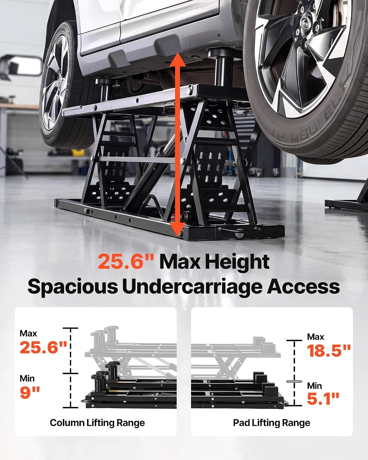 image:imageVEVOR Portable Car Lift 4400 lbs Capacity Heavy Duty Steel Quick Lift with 23 Max Height Adjustable Width and Wheels Manual Lifting for Cars Compact SUVs Mini Trucks Home Garage or Shop Use5000LBSUpgrade Electric Pneumatic Pump
