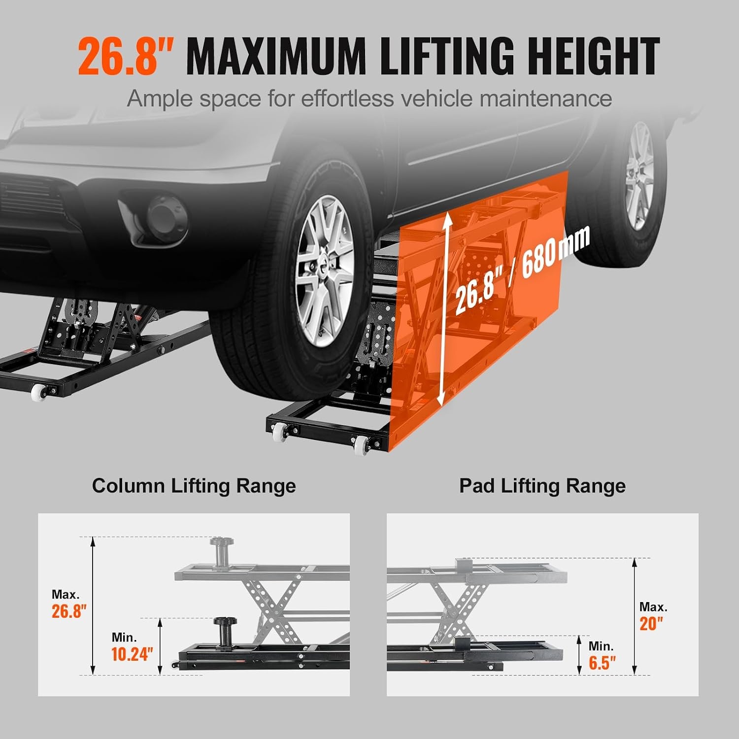 image:imageVEVOR Portable Car Lift 4400 lbs Capacity Heavy Duty Steel Quick Lift with 23 Max Height Adjustable Width and Wheels Manual Lifting for Cars Compact SUVs Mini Trucks Home Garage or Shop Use7000LBSUpgrade Electrohydraulic