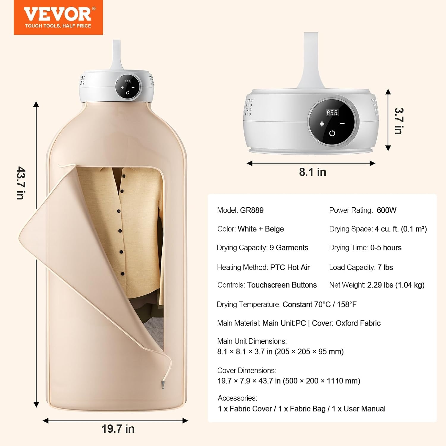 image:imageVEVOR Portable Clothes Dryer with Dryer Bag PTC Heating amp LED Display Foldable Mini Dryer with 5H Timer for Apartments Dorms RVs or Hotels 600W Beige