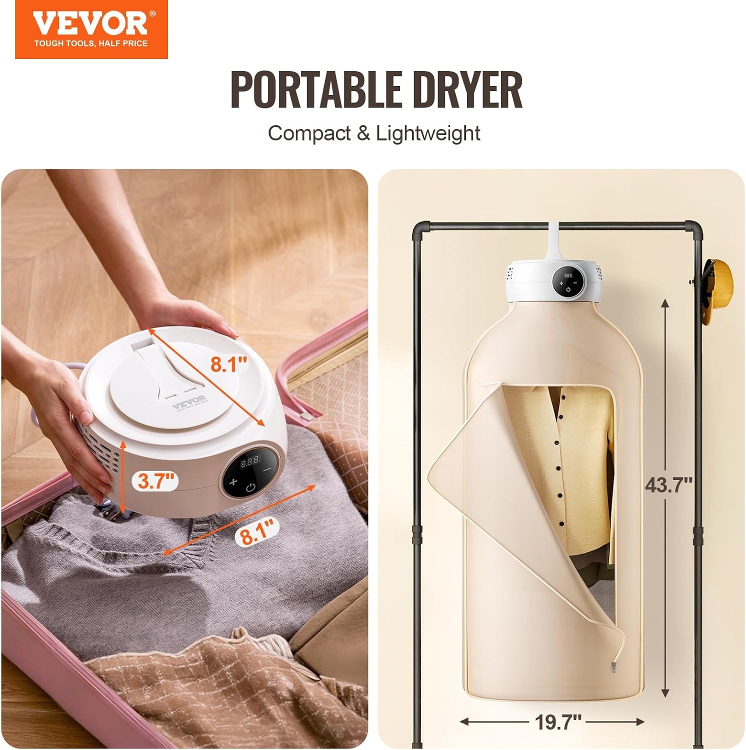 image:imageVEVOR Portable Clothes Dryer with Dryer Bag PTC Heating amp LED Display Foldable Mini Dryer with 5H Timer for Apartments Dorms RVs or Hotels 600W Beige