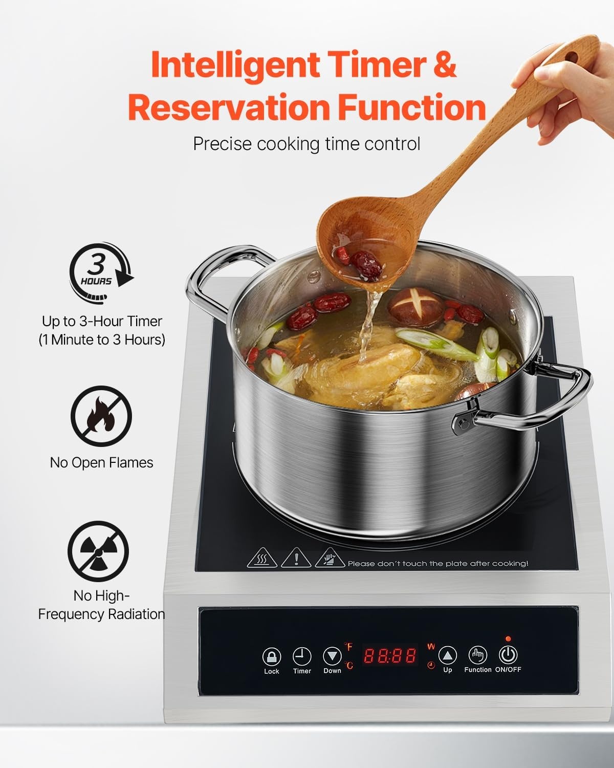 image:imageVEVOR Portable Commercial Cooktop 1800W Induction Burner with 9 Temperature Settings Stainless Steel Countertop Induction Hot Plate with 3H Timer Child Lock for Restaurant Cooking