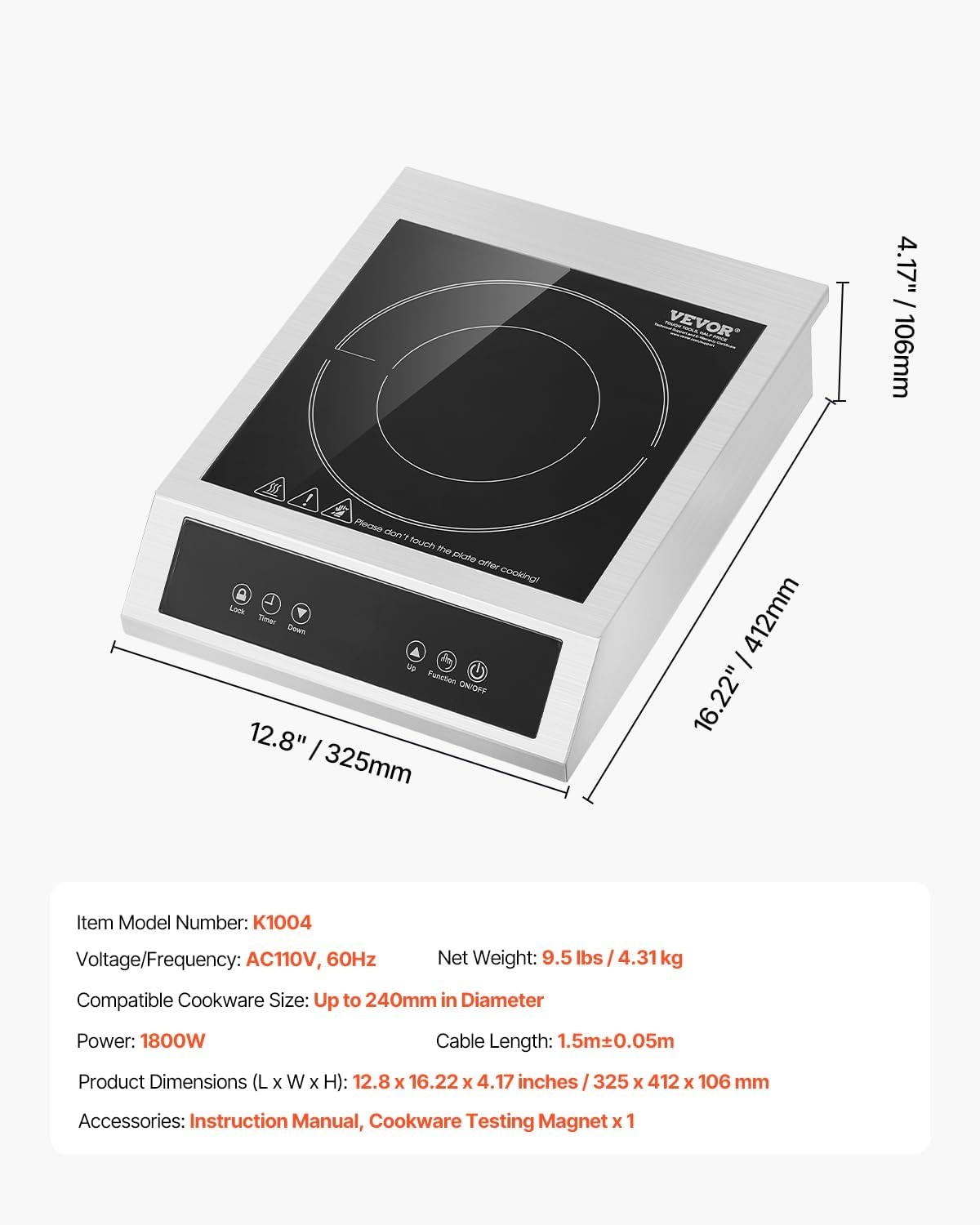 image:imageVEVOR Portable Commercial Cooktop 1800W Induction Burner with 9 Temperature Settings Stainless Steel Countertop Induction Hot Plate with 3H Timer Child Lock for Restaurant Cooking