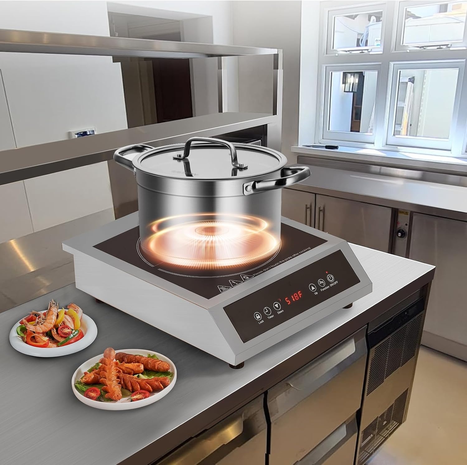 image:imageVEVOR Portable Commercial Cooktop 1800W Induction Burner with 9 Temperature Settings Stainless Steel Countertop Induction Hot Plate with 3H Timer Child Lock for Restaurant Cooking