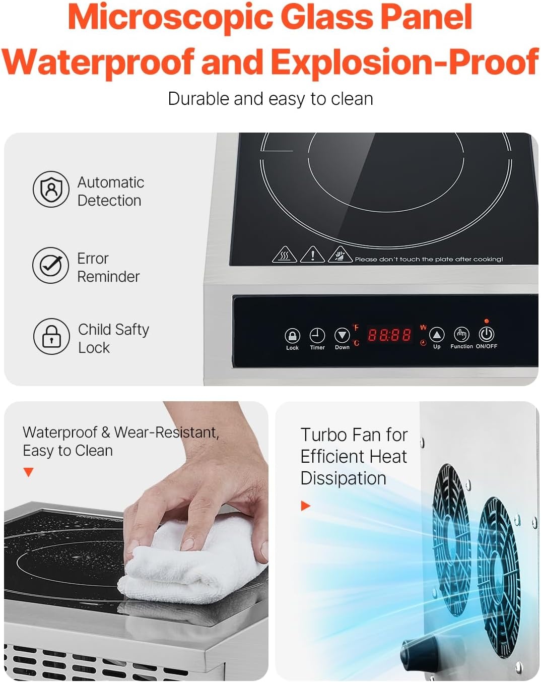 image:imageVEVOR Portable Commercial Cooktop 1800W Induction Burner with 9 Temperature Settings Stainless Steel Countertop Induction Hot Plate with 3H Timer Child Lock for Restaurant Cooking