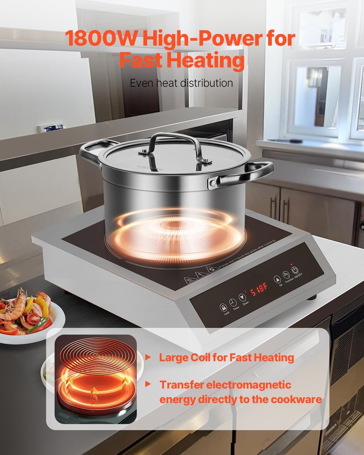 image:imageVEVOR Portable Commercial Cooktop 1800W Induction Burner with 9 Temperature Settings Stainless Steel Countertop Induction Hot Plate with 3H Timer Child Lock for Restaurant Cooking