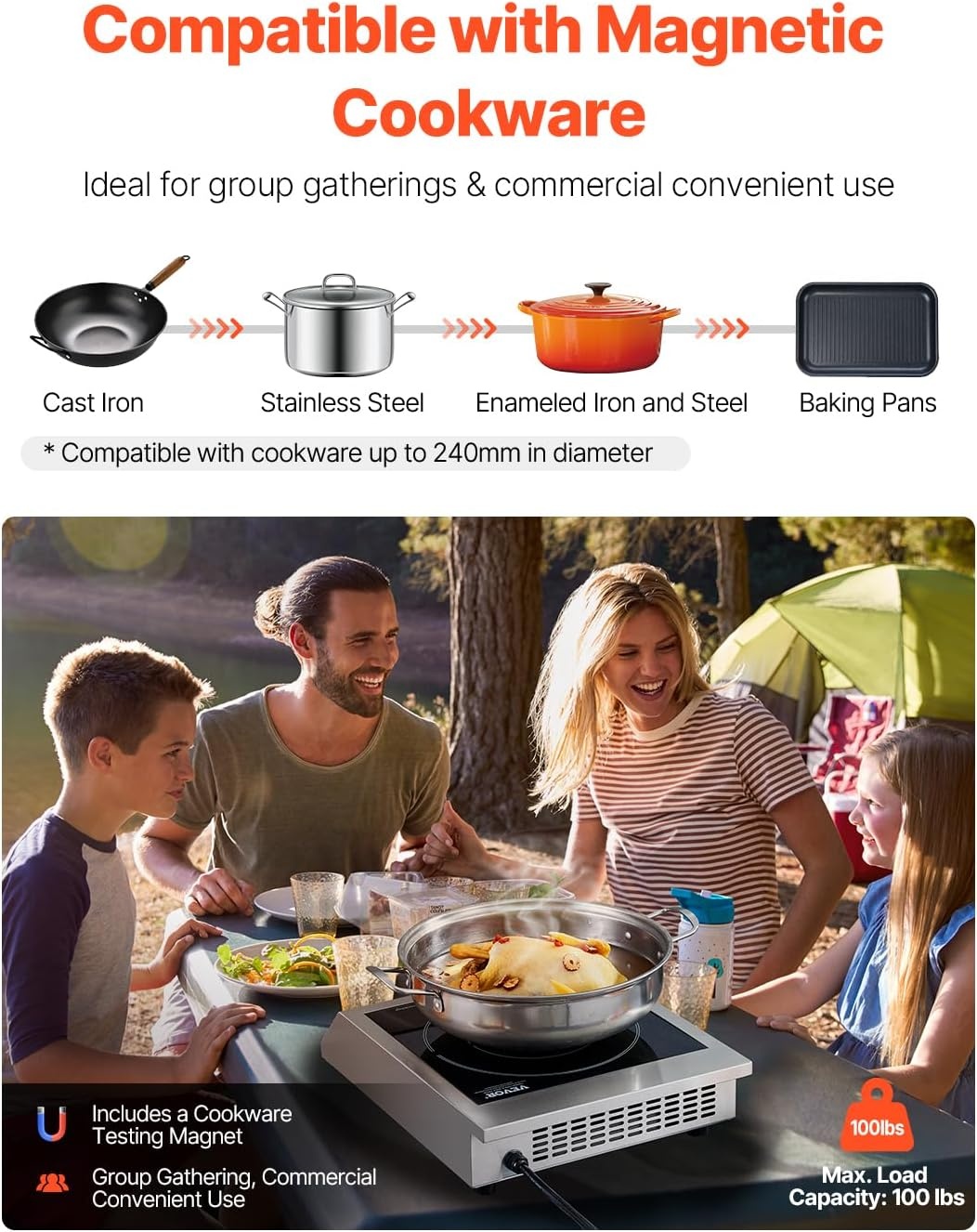 image:imageVEVOR Portable Commercial Cooktop 1800W Induction Burner with 9 Temperature Settings Stainless Steel Countertop Induction Hot Plate with 3H Timer Child Lock for Restaurant Cooking