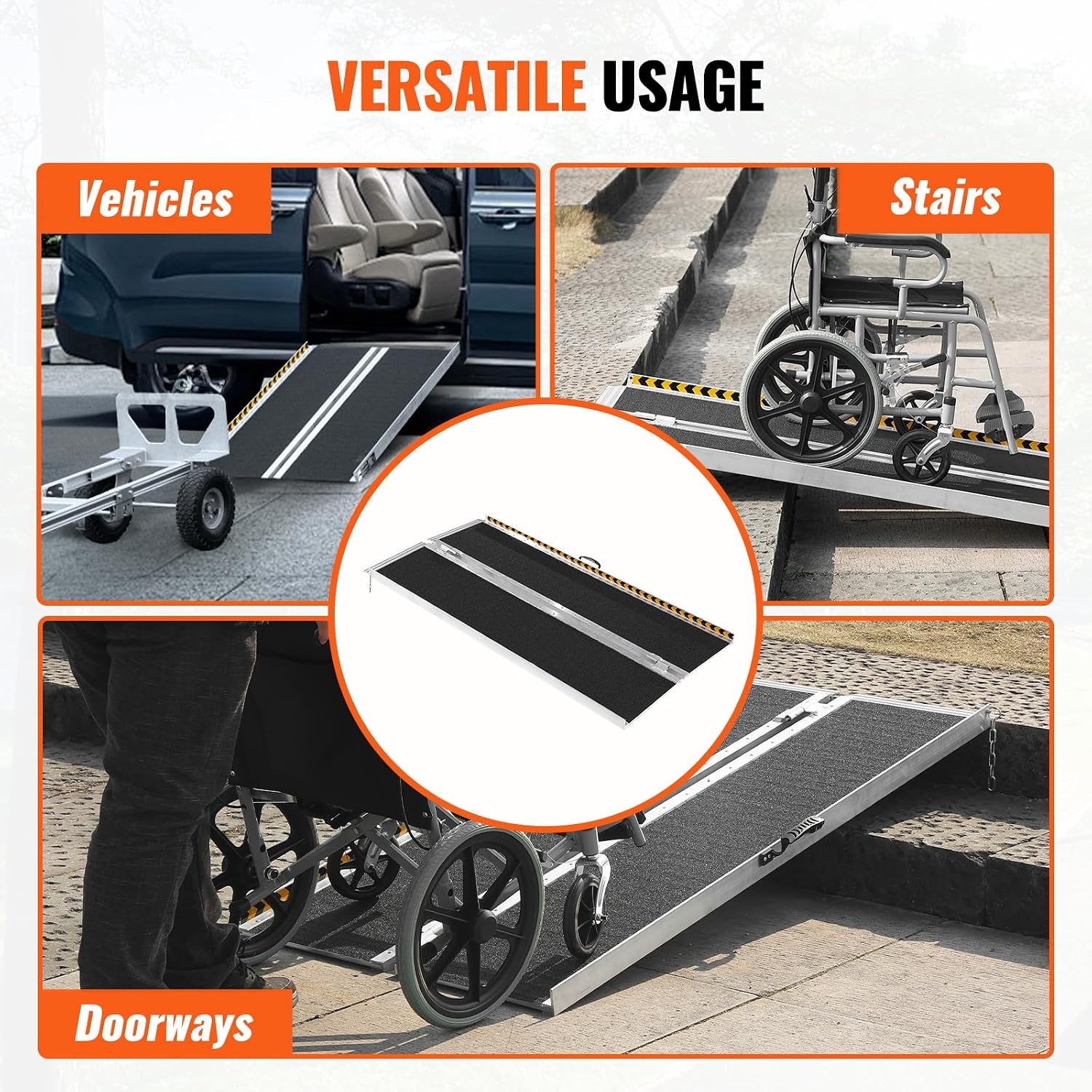 image:imageVEVOR Portable Wheelchair Ramp 5FT NonSlip Aluminum Folding Handicap Ramp Door Threshold Ramps for Wheelchair for HomeWheel Chair Ramp Steps Cars Scooter Cart Curbs Stairs5FT For height 515