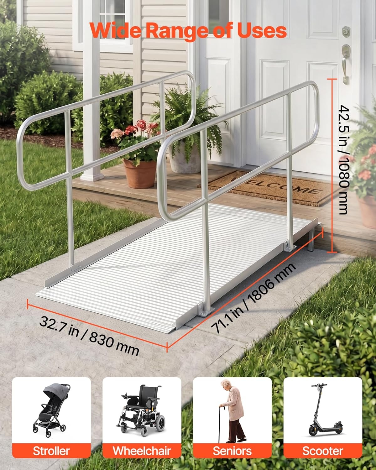 image:imageVEVOR Portable Wheelchair Ramp 5FT NonSlip Aluminum Folding Handicap Ramp Door Threshold Ramps for Wheelchair for HomeWheel Chair Ramp Steps Cars Scooter Cart Curbs Stairs711 x 327 x 425 in