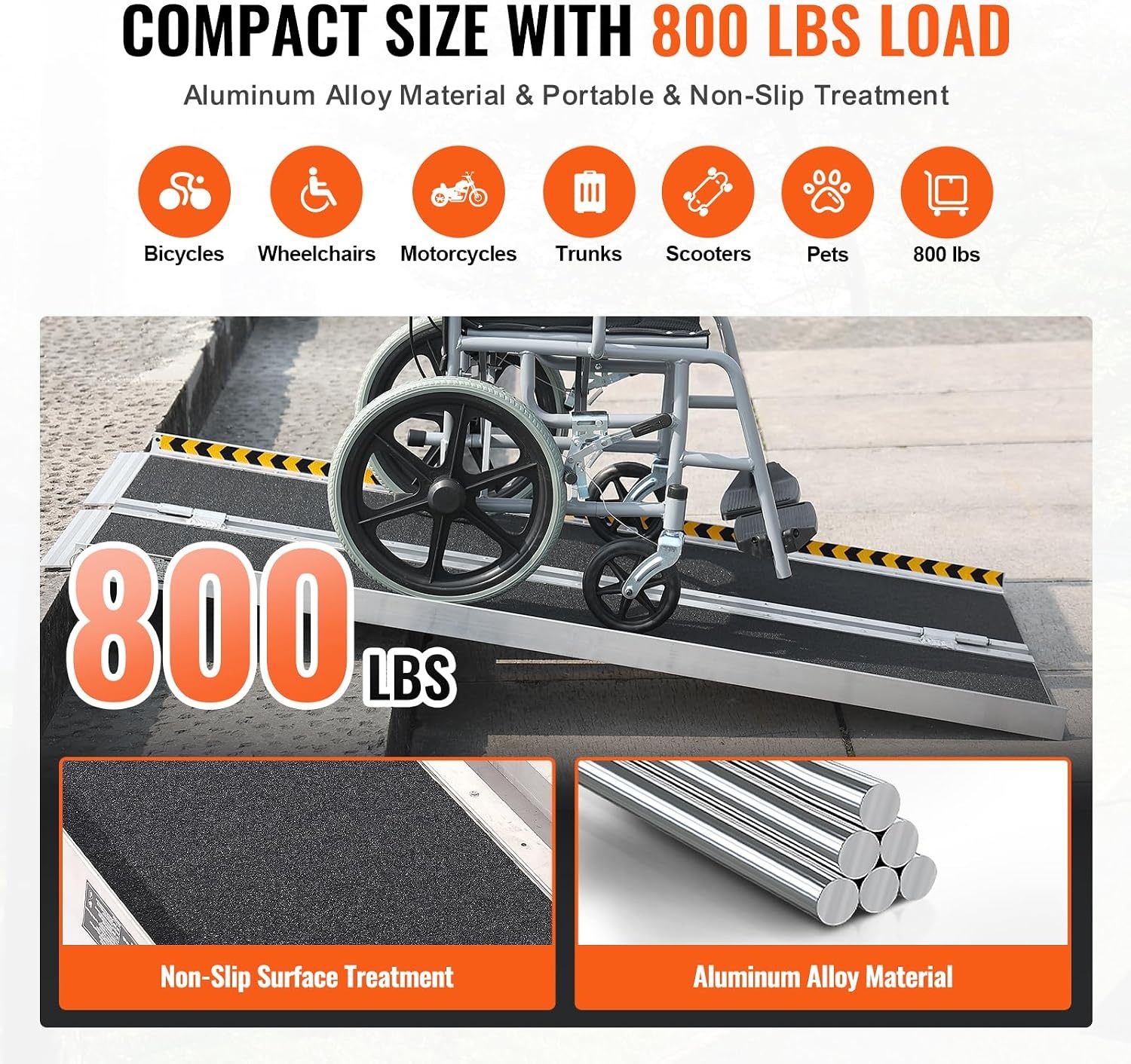 image:imageVEVOR Portable Wheelchair Ramp 5FT NonSlip Aluminum Folding Handicap Ramp Door Threshold Ramps for Wheelchair for HomeWheel Chair Ramp Steps Cars Scooter Cart Curbs Stairs5FT For height 515