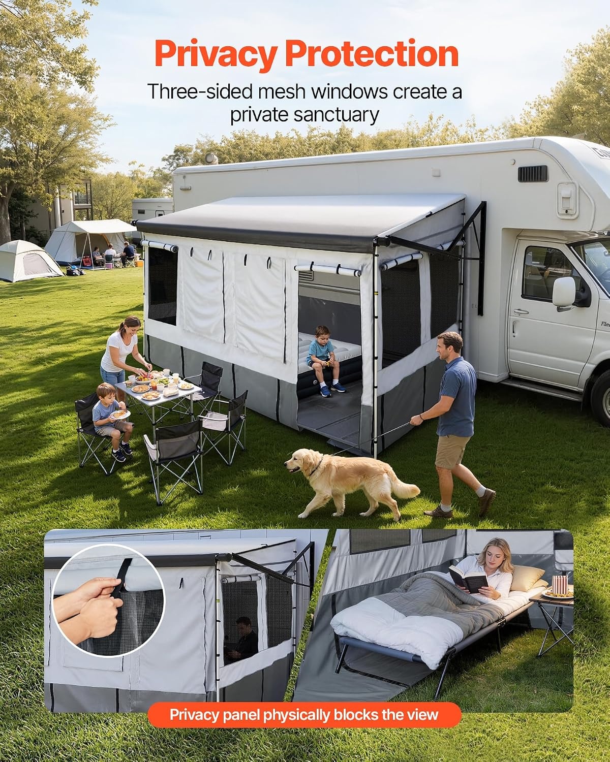 image:imageVEVOR RV Awning Sun Shade Room Compatible with 1819 ft Awnings RV Awning Sun Shading Room with Door amp Ventilated Mesh Windows Sunproof amp Windproof ThreeSided Enclosure Tent for RV Camping16 Feet to 17 Feet