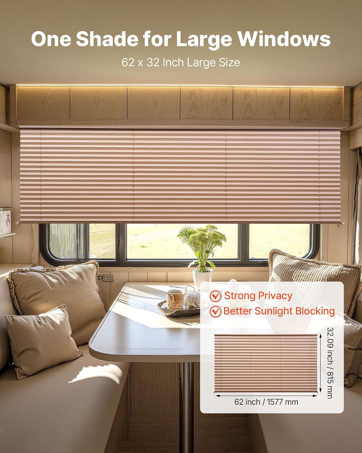 image:imageVEVOR RV Blinds 62 in x 32 in RV Pleated Shades Polyester Fabric Easy to Clean and Install Privacy Protection and Sunlight Blocking for Camper Travel Trailer Motorhome Window Cappuccino