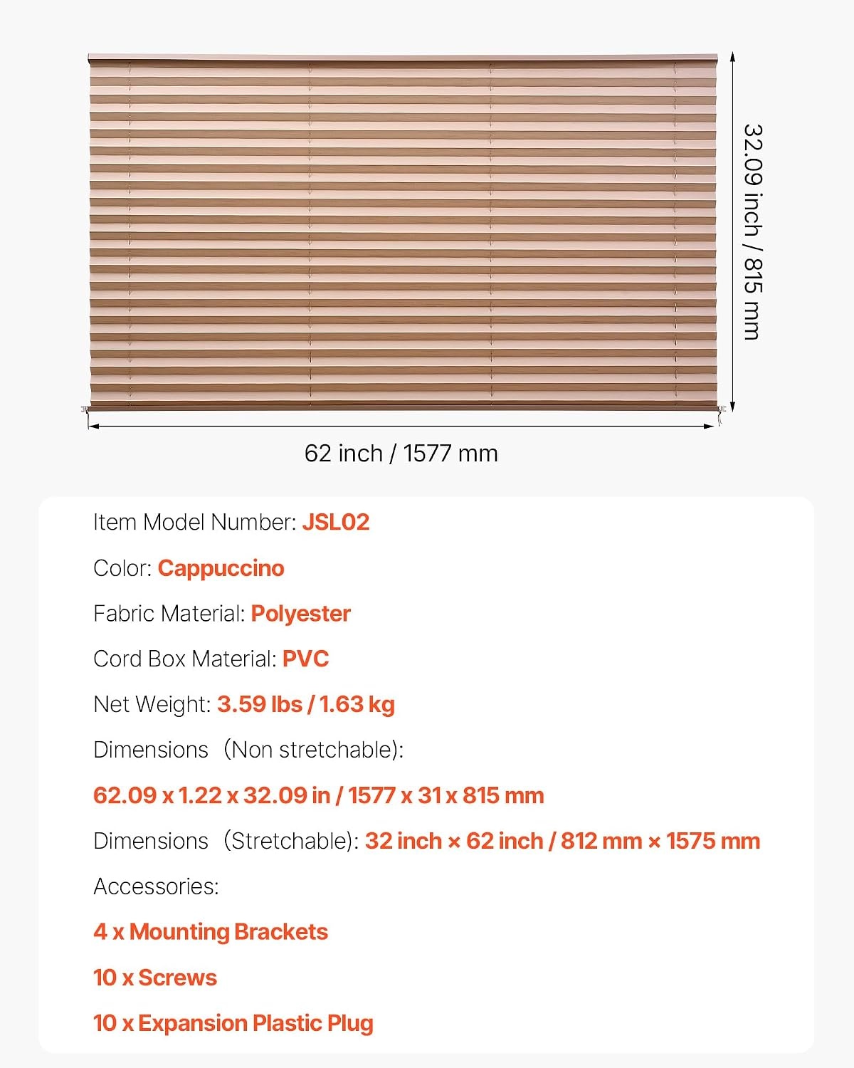 image:imageVEVOR RV Blinds 62 in x 32 in RV Pleated Shades Polyester Fabric Easy to Clean and Install Privacy Protection and Sunlight Blocking for Camper Travel Trailer Motorhome Window Cappuccino