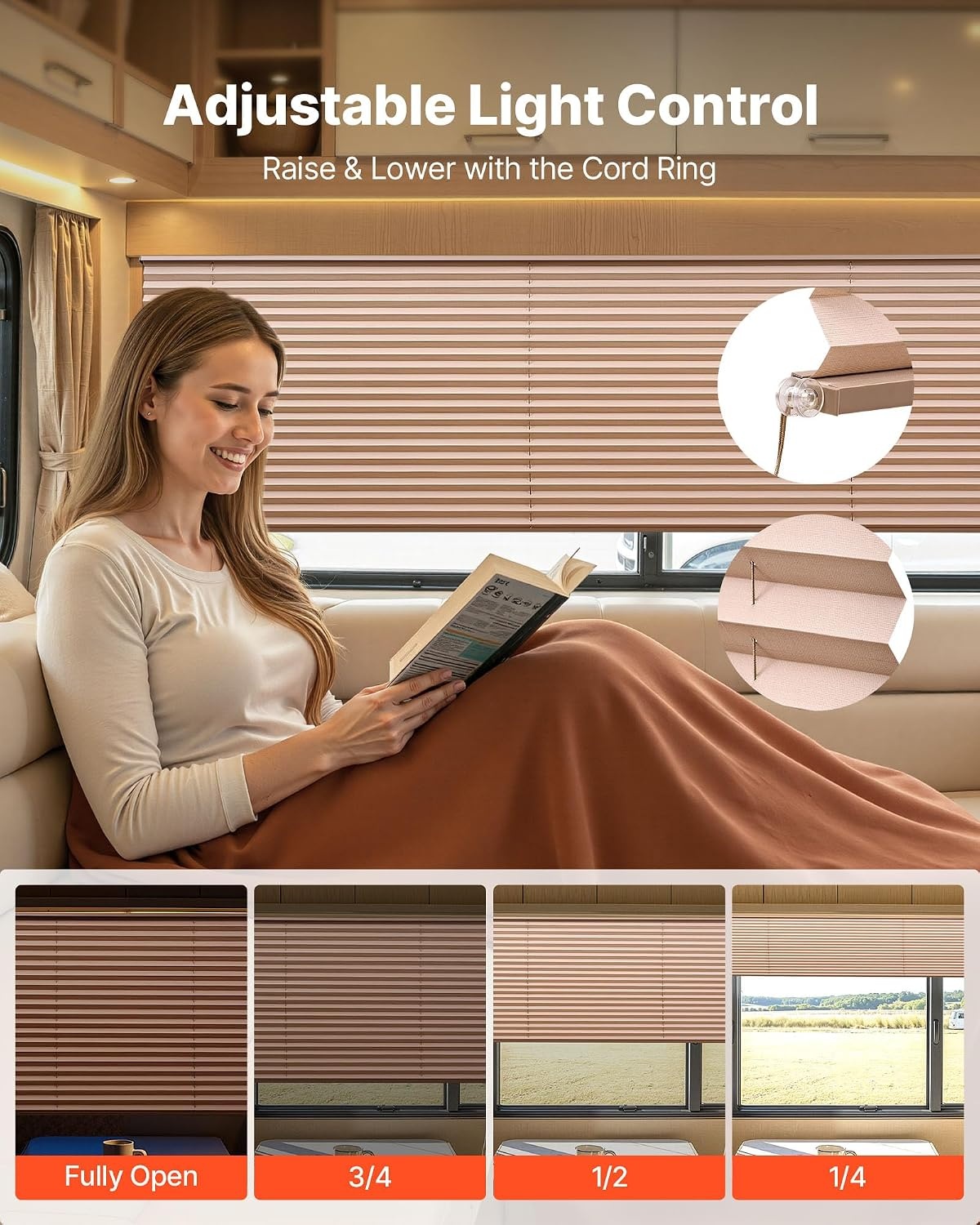 image:imageVEVOR RV Blinds 62 in x 32 in RV Pleated Shades Polyester Fabric Easy to Clean and Install Privacy Protection and Sunlight Blocking for Camper Travel Trailer Motorhome Window Cappuccino