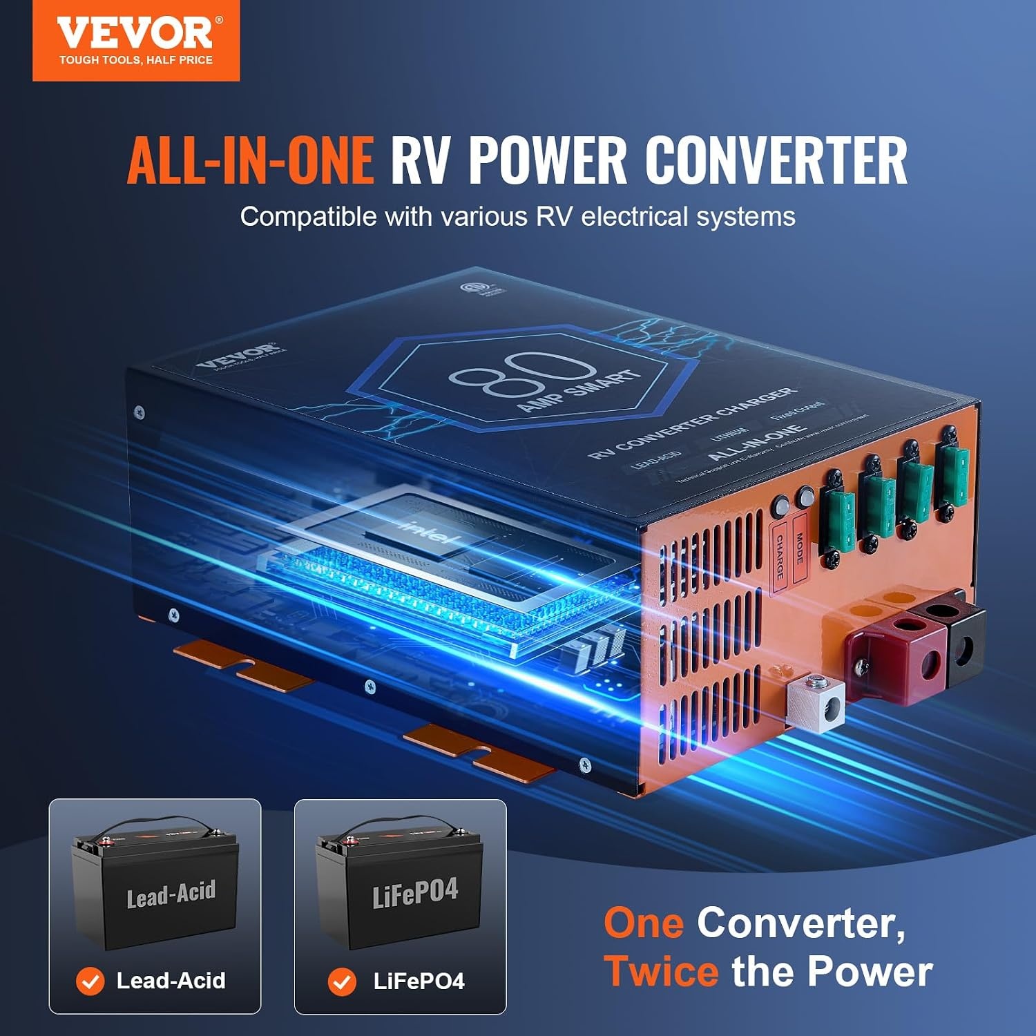 image:imageVEVOR RV Converter 45 Amp 110V AC to 12V DC RV Power Converter Battery Charger with 4 Stage Smart Charging 13V to 165V Adjustable Operating Range Compatible with Lithium Lead Acid Battery ETL80 Amp