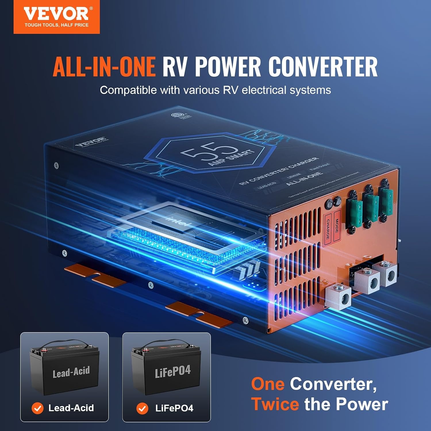 image:imageVEVOR RV Converter 45 Amp 110V AC to 12V DC RV Power Converter Battery Charger with 4 Stage Smart Charging 13V to 165V Adjustable Operating Range Compatible with Lithium Lead Acid Battery ETL55 Amp